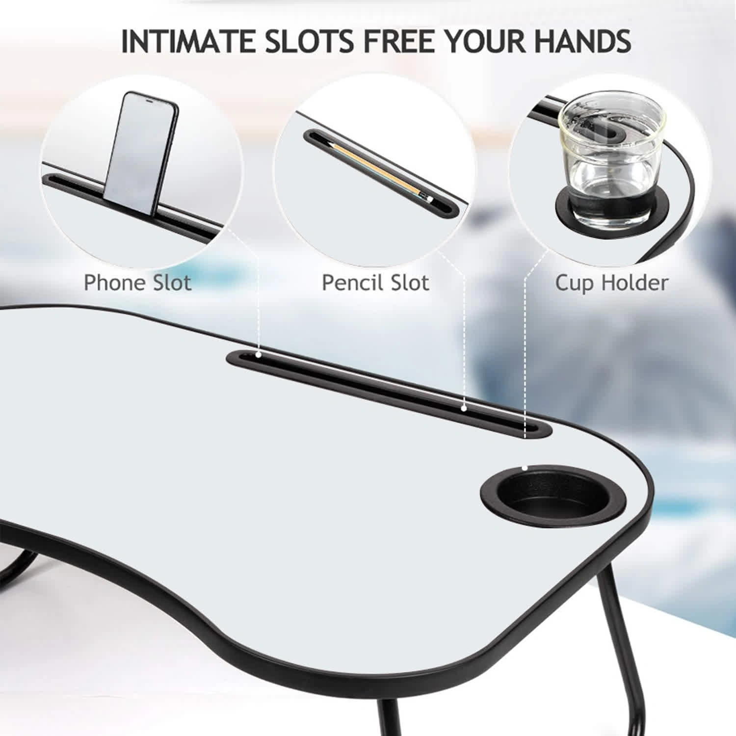 Portable Laptop Desk, Gray and White Matte Metal and Wood Construction, Foldable Design with Cup Holder, 26.5 x 18.5 Inches, for Bed, Car, Couch, Home & Outdoor Use (Grey+White Matte) view 5
