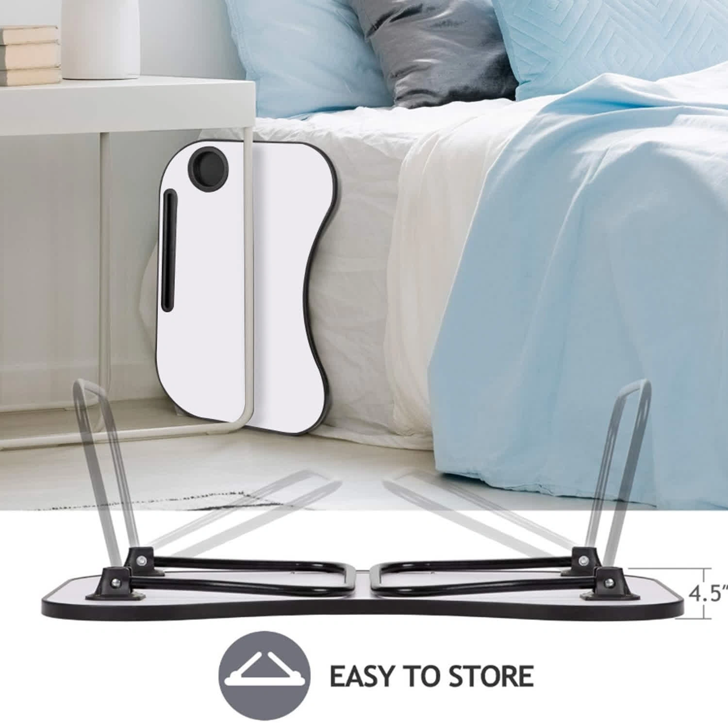 Portable Laptop Desk, Gray and White Matte Metal and Wood Construction, Foldable Design with Cup Holder, 26.5 x 18.5 Inches, for Bed, Car, Couch, Home & Outdoor Use (Grey+White Matte) view 6