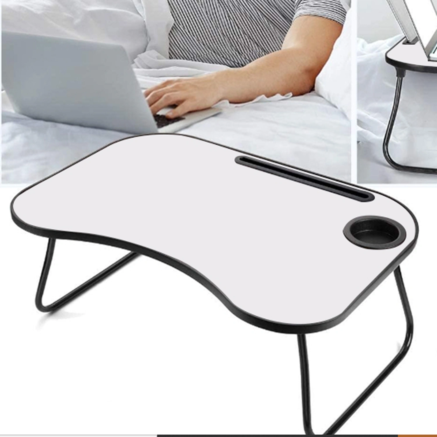 Portable Laptop Desk, Gray and White Matte Metal and Wood Construction, Foldable Design with Cup Holder, 26.5 x 18.5 Inches, for Bed, Car, Couch, Home & Outdoor Use (Grey+White Matte) view 7