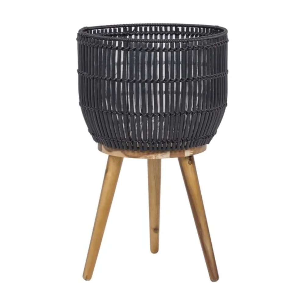 Black Round Resin Planter Pot with Matching Stand, Decorative Planter Box with Wood Legs for Indoor Outdoor view 4