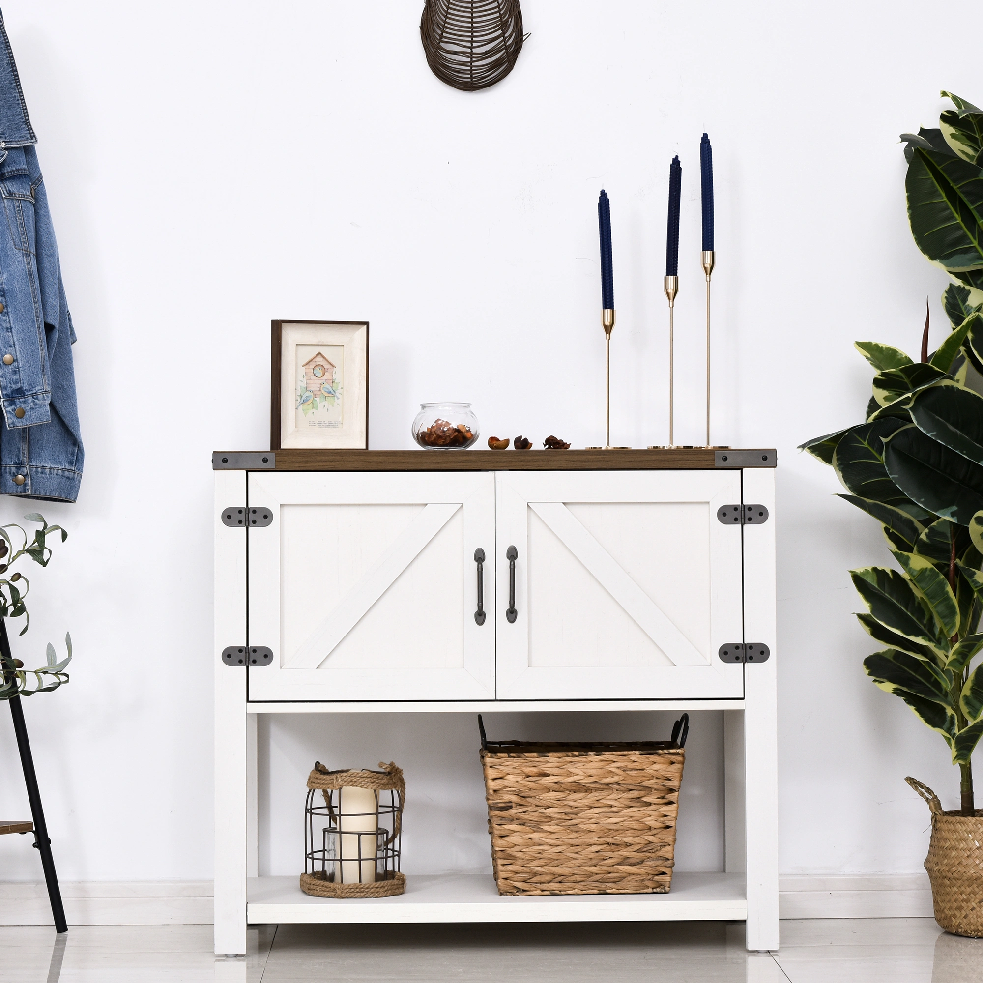Kitchen Storage Cabinet with Doors & Shelves, Tall Pantry Cupboard, Matte Black Metal Frame, White Finish, 23.6"W x 11.8"D x 47.2"H