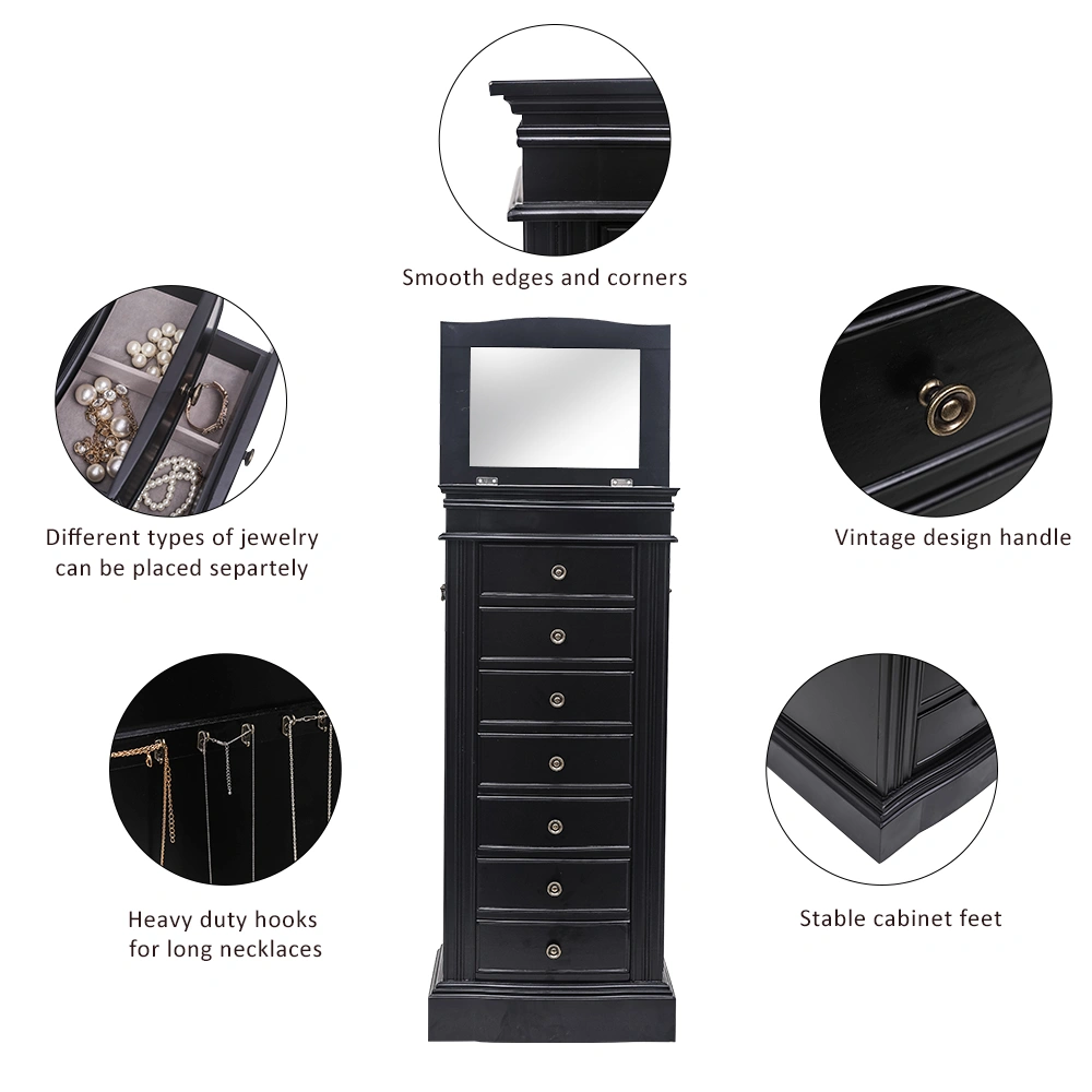 Jewelry Armoire Cabinet with Mirror, 7 Drawers, 24 Necklace Hooks, 2 Side Swing Doors, Black view 11