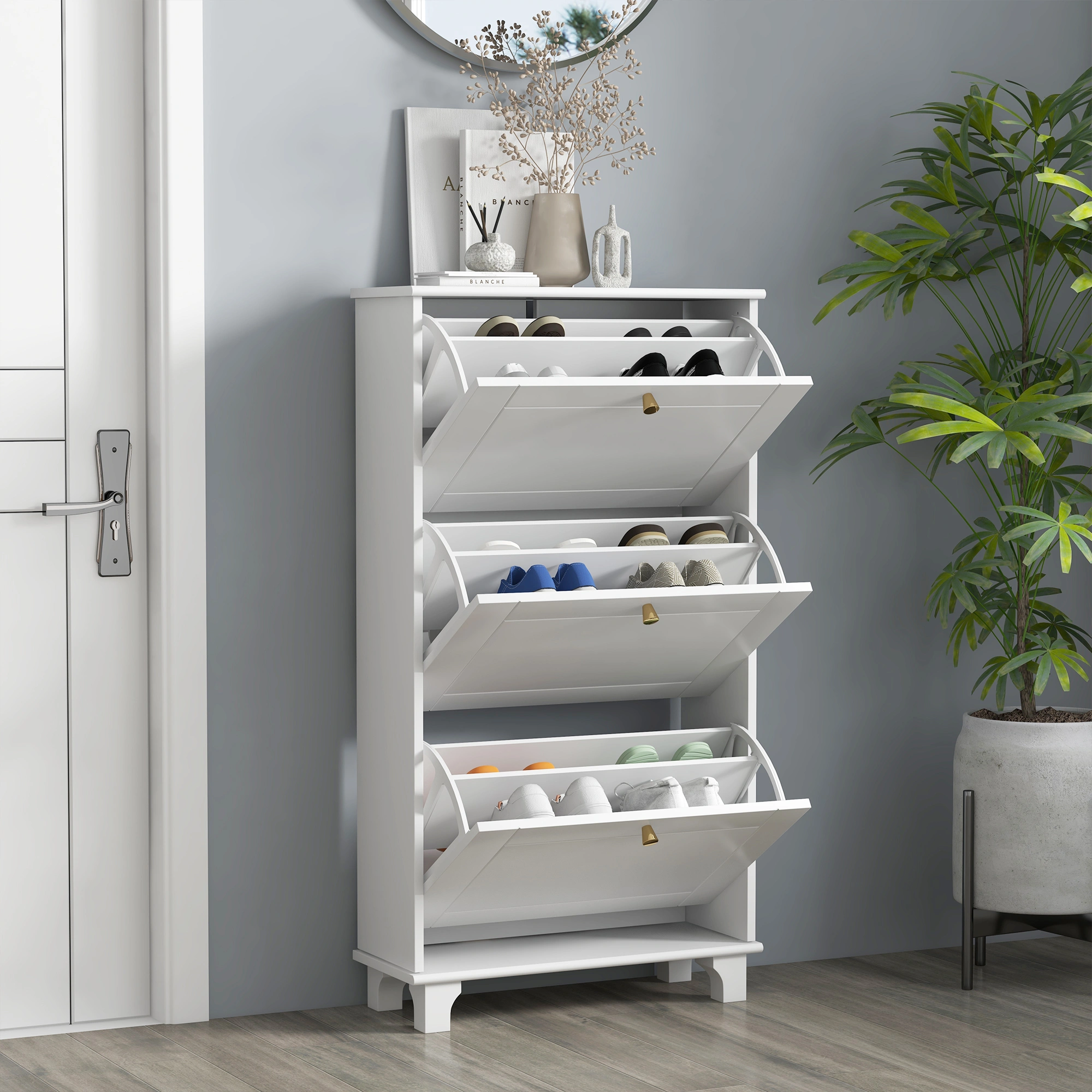 Elegant Shoe Storage Cabinet - Tall Entryway Organizer with Shelves, Closed Design Holds Multiple Pairs, Compact Floor Standing Rack for Home