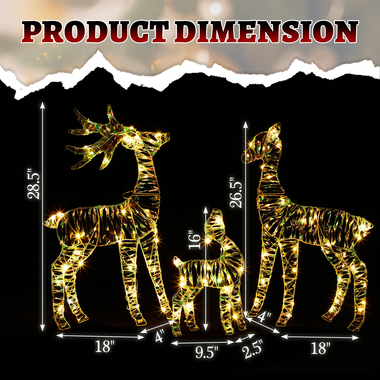 3Pc Iridescent Lighted Christmas Reindeer Family Outdoor Decor, Weatherproof Pre-Lit 110 LED Warm White Lights, 2.4FT Deer Statue Set view 2