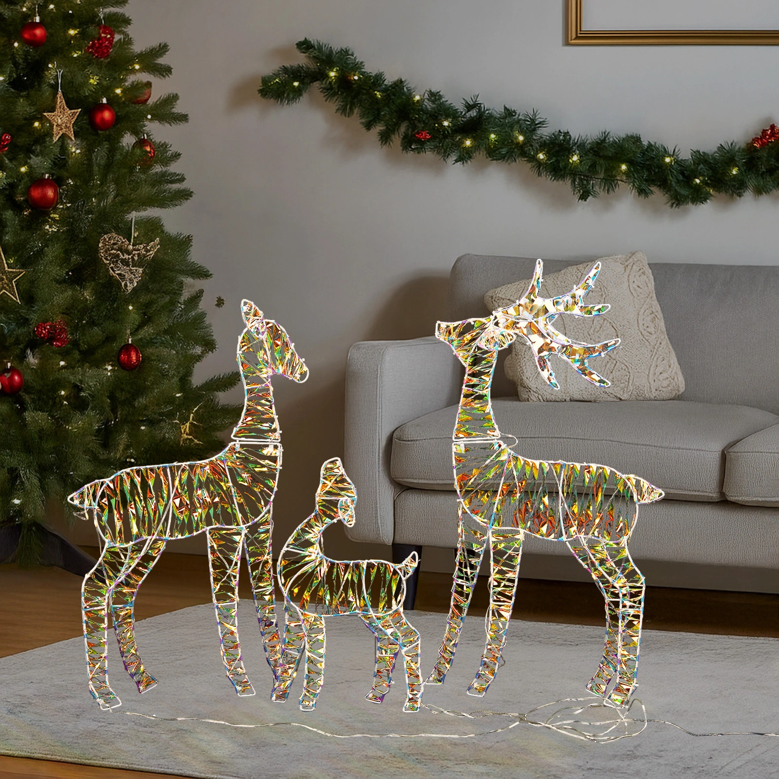 3Pc Iridescent Lighted Christmas Reindeer Family Outdoor Decor, Weatherproof Pre-Lit 110 LED Warm White Lights, 2.4FT Deer Statue Set view 3