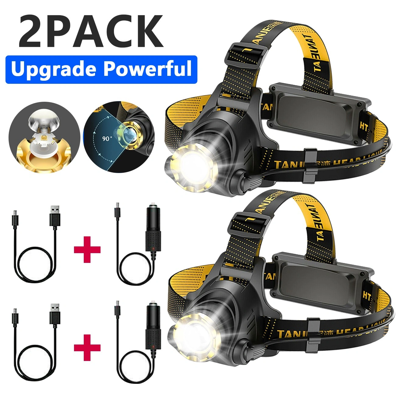 2 Pack USB Rechargeable LED Headlamp 3-Mode Zoomable Head Torch with Car Charger & Cable view 3