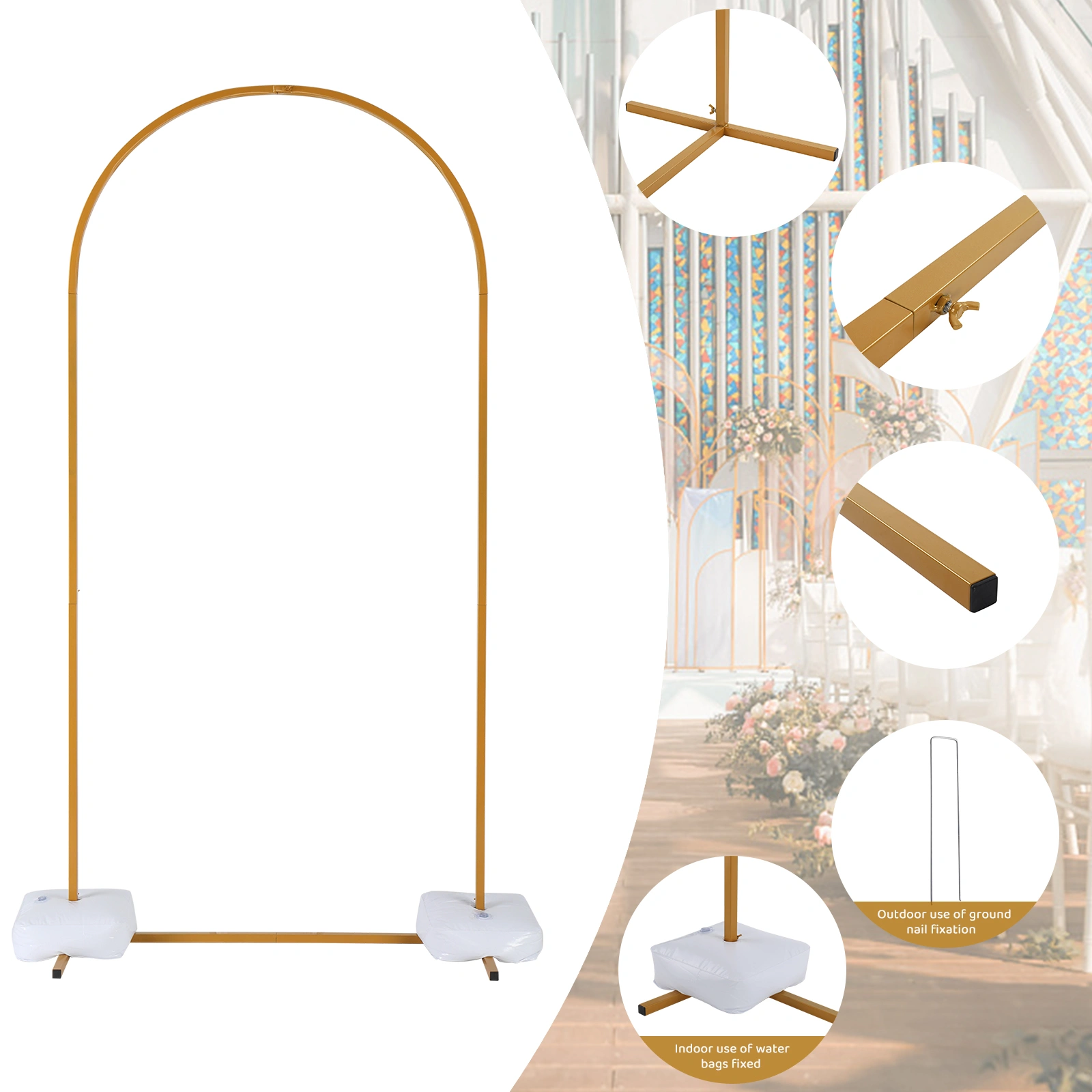 100*200cm For Wedding, Iron, Arc Roof, Door Frame Shape, Water Bag With Floor Nails, Iron Arch, Golden Yellow view 9