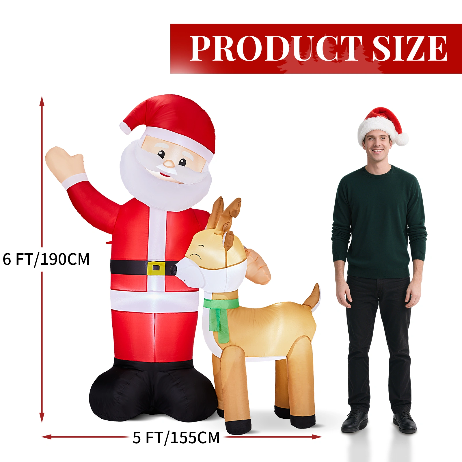 6.3FT Lighted Christmas Inflatable - Santa & Reindeer Blow Up Yard Decor with Built-in LED Lights, Holiday Party Lawn Garden Decoration view 7