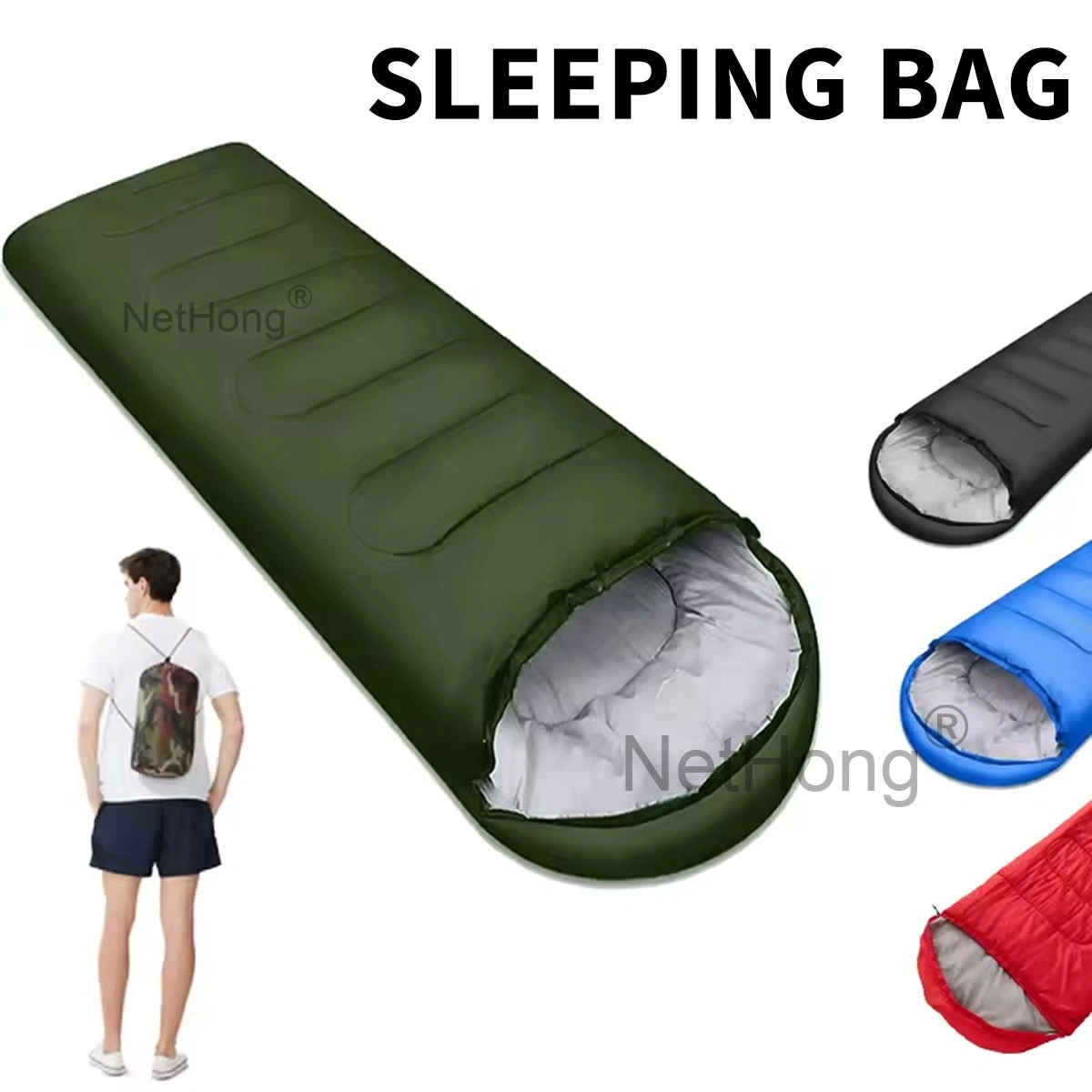 3-4 Season Sleeping Bag Rectangular Envelope Zip-Up for Camping, Lightweight Portable Sleep Bag for Kids & Adults, Military Green view 4