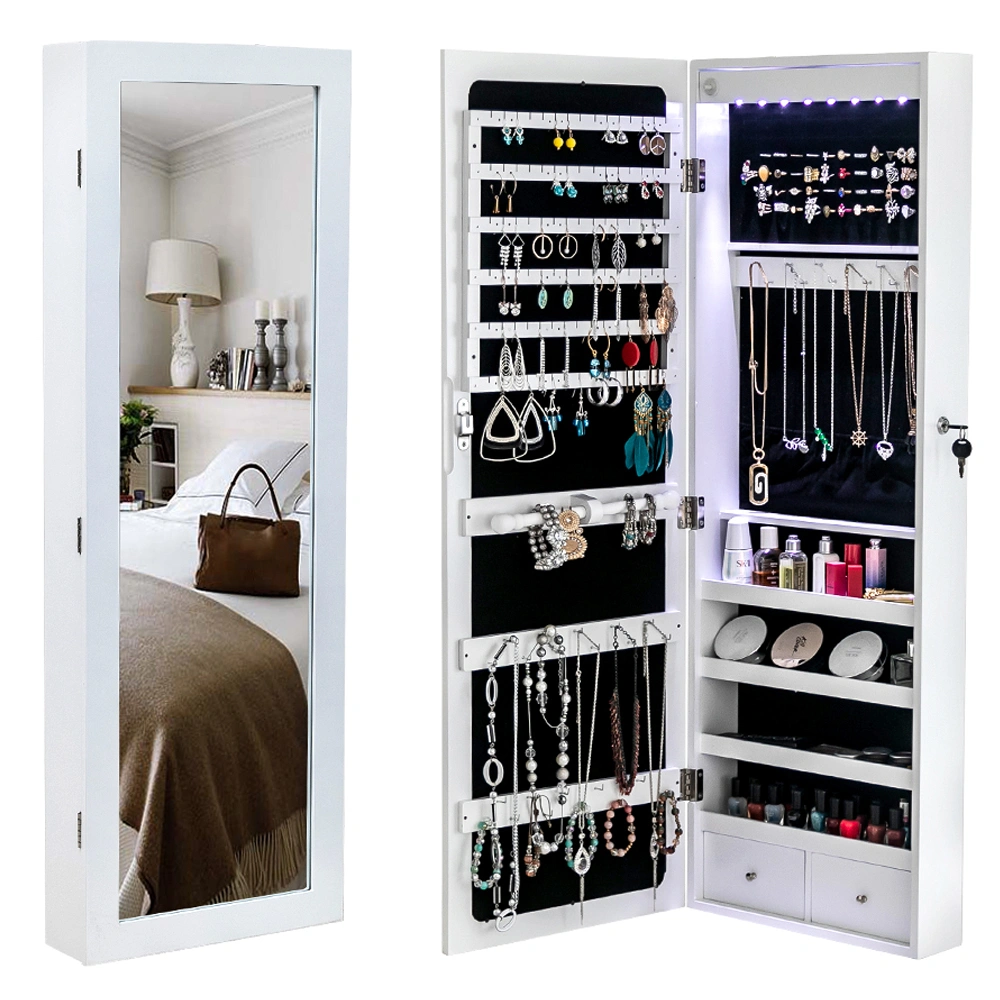 Wall Mounted Wooden Jewelry Cabinet with Mirror, 4-Tier Shelf 2 Drawers, 8 Blue LED Lights, White Storage Organizer