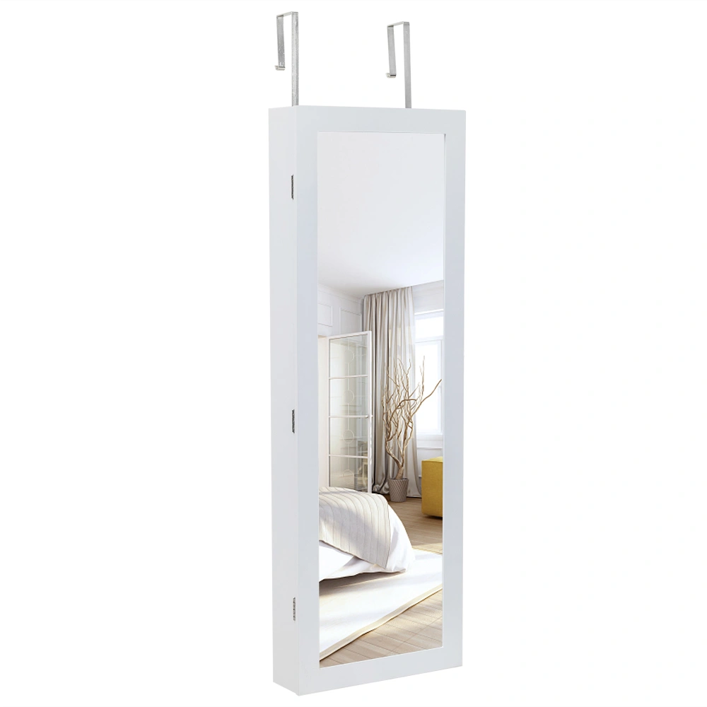 Wall Mounted Wooden Jewelry Cabinet with Mirror, 4-Tier Shelf 2 Drawers, 8 Blue LED Lights, White Storage Organizer view 3