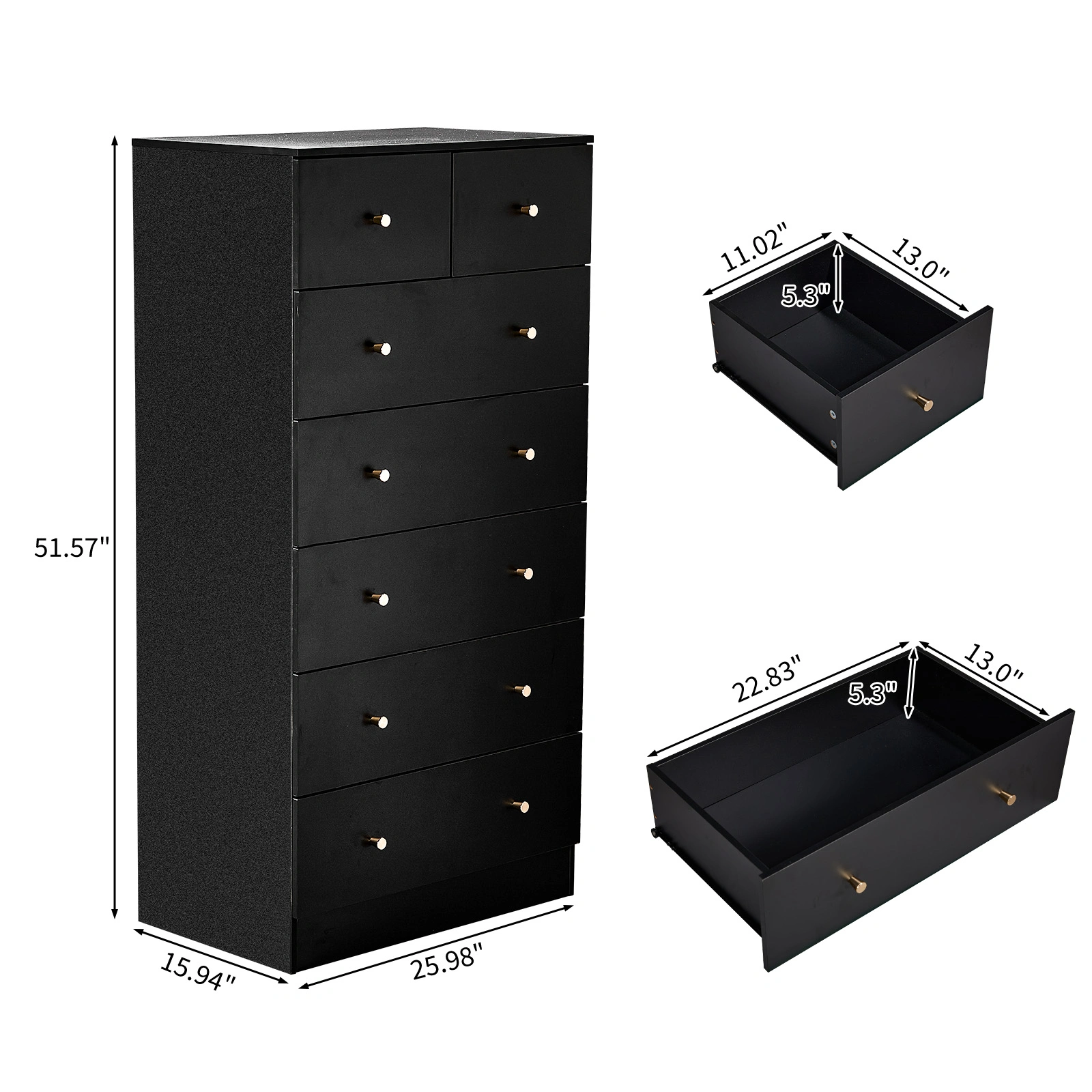 Black matte finish particleboard with melamine veneer, 66*40*131cm, 5+2 drawer cabinet, matte gold handles view 3
