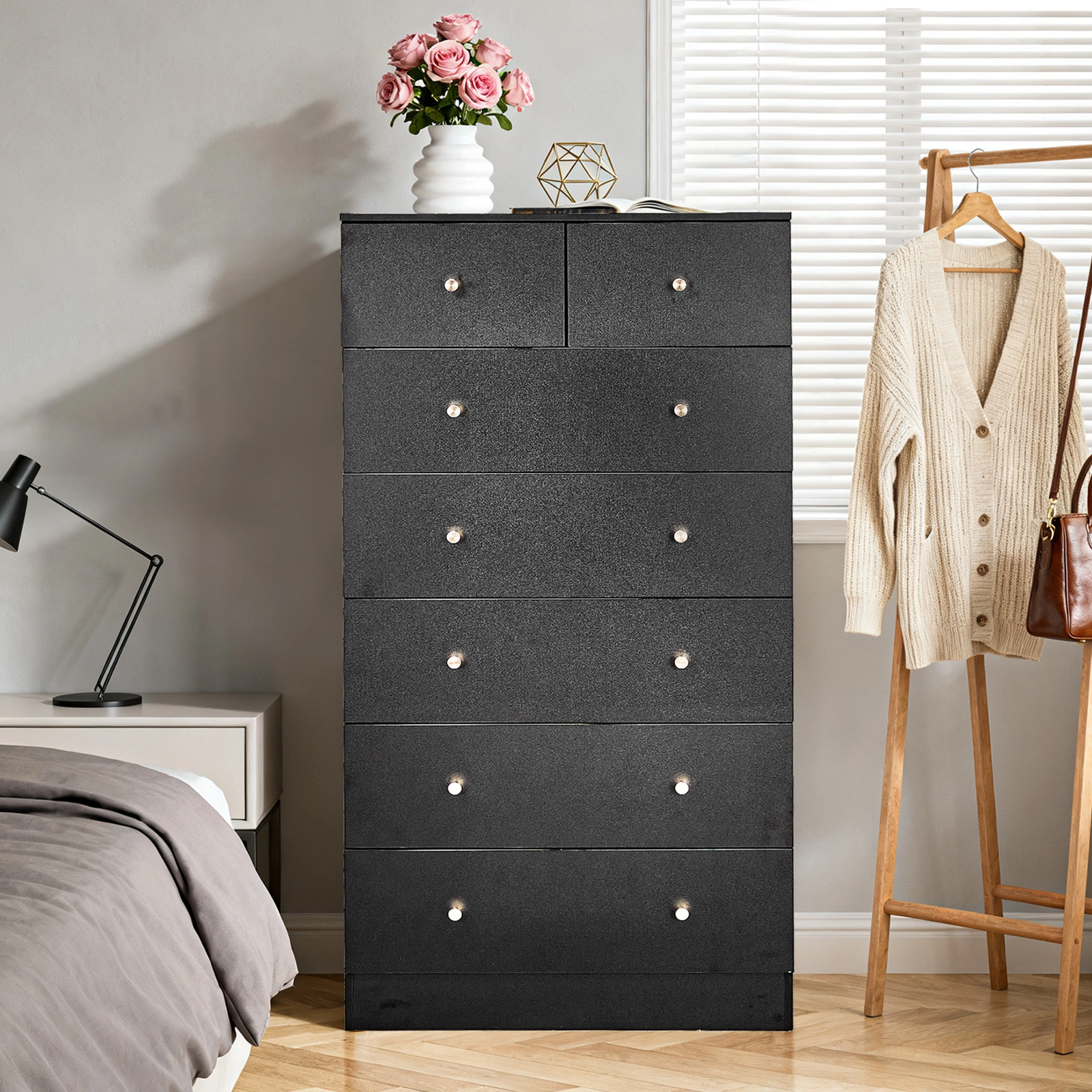 Black matte finish particleboard with melamine veneer, 66*40*131cm, 5+2 drawer cabinet, matte gold handles view 9