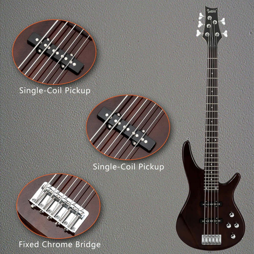 GIB Electric 5 String Bass Guitar Full Size Bag Strap Pick Connector Wrench Tool Earth Brown view 22