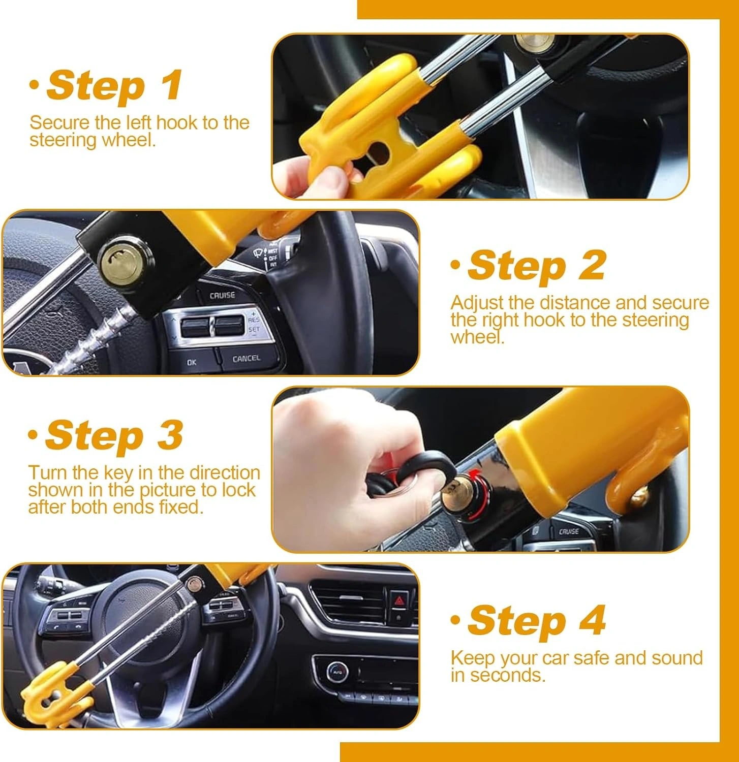 Heavy Duty Car Steering Wheel Lock - High Security Anti-Theft Vehicle Column Lock for Cars, Vans & Trucks view 3