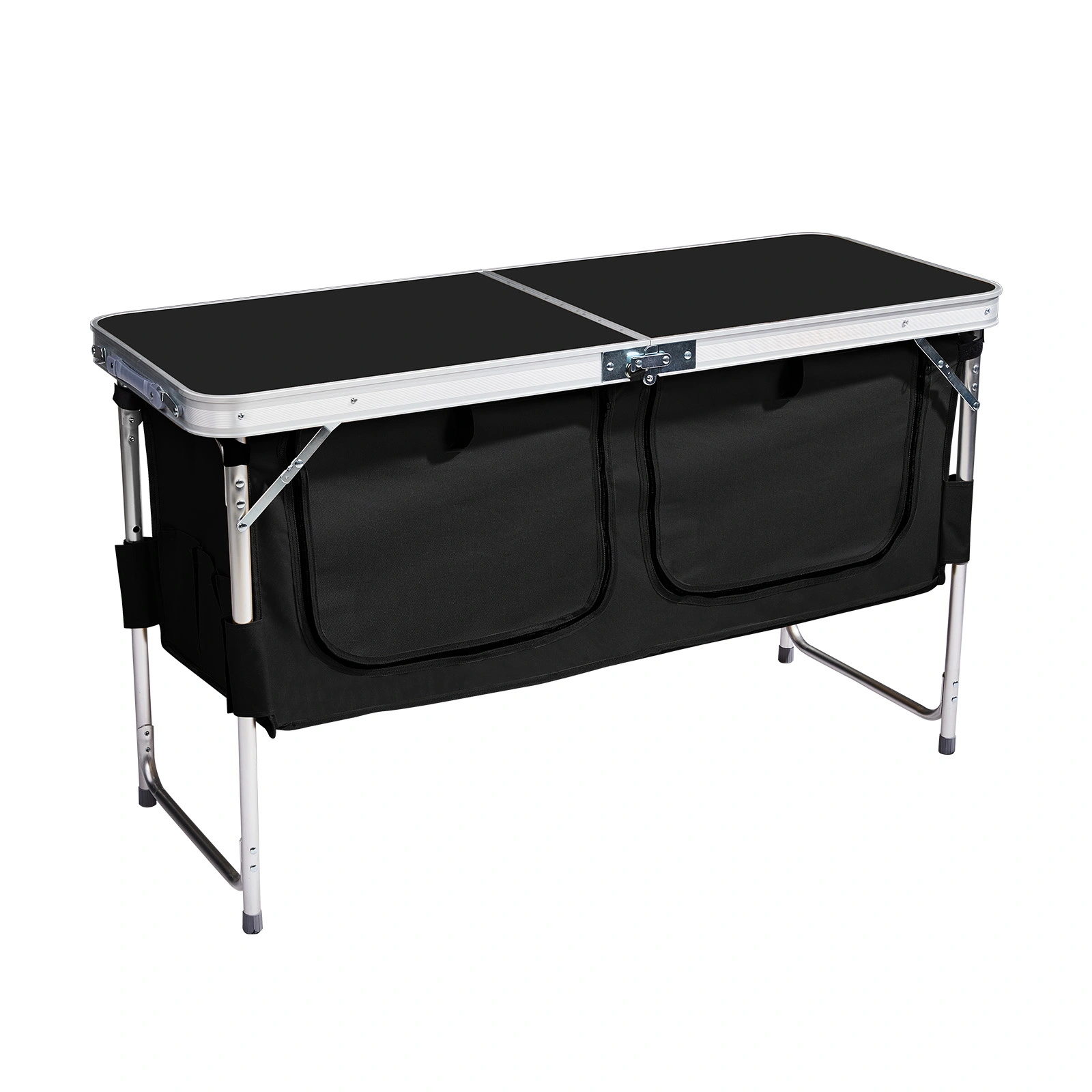 Outdoor Folding Camping Table with Storage Compartment, 4ft Portable Pinic Table with 3 Adjustable Height, Carry Handle for Outdoor Indoor Hiking Camp BBQ Beach, Black