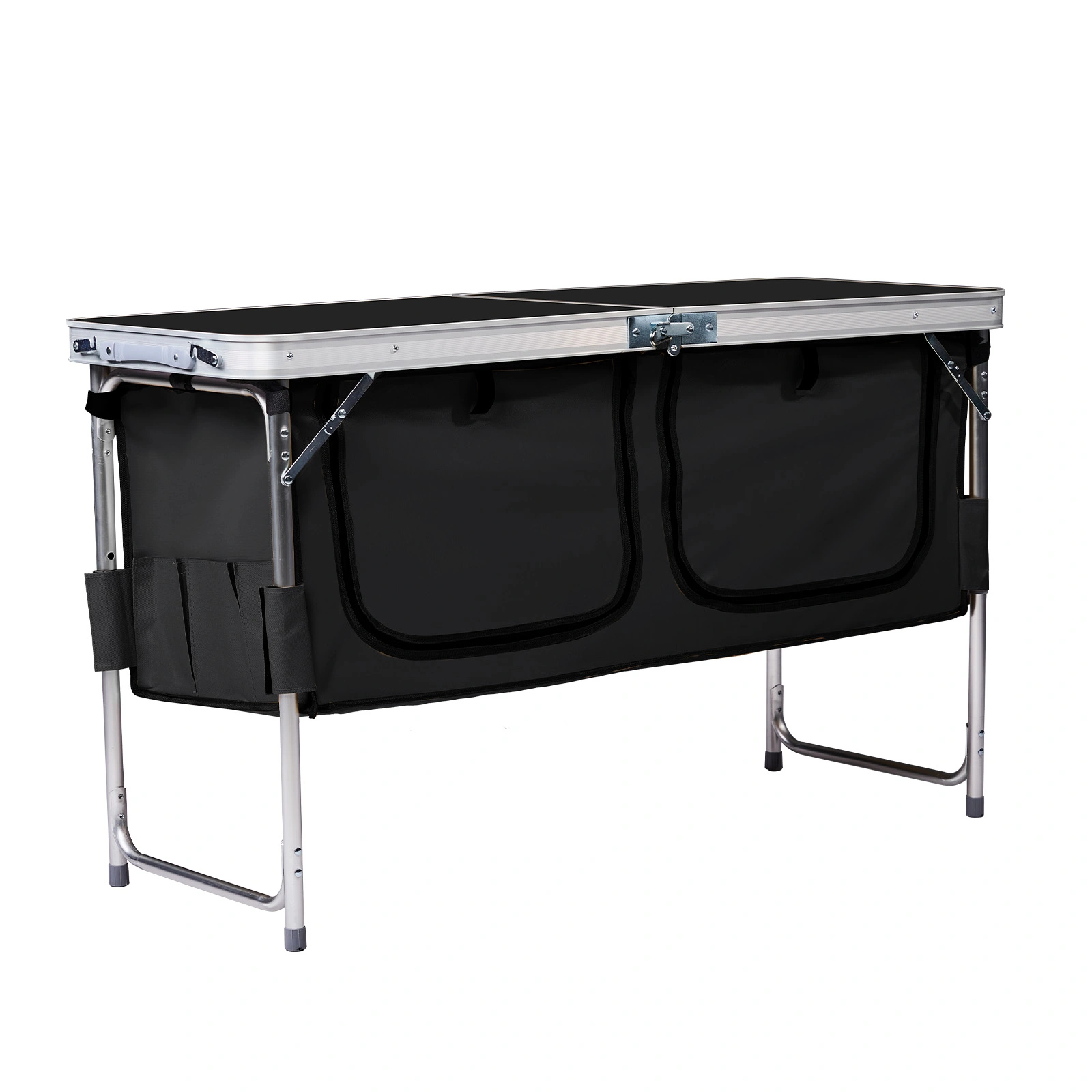 Outdoor Folding Camping Table with Storage Compartment, 4ft Portable Pinic Table with 3 Adjustable Height, Carry Handle for Outdoor Indoor Hiking Camp BBQ Beach, Black view 2