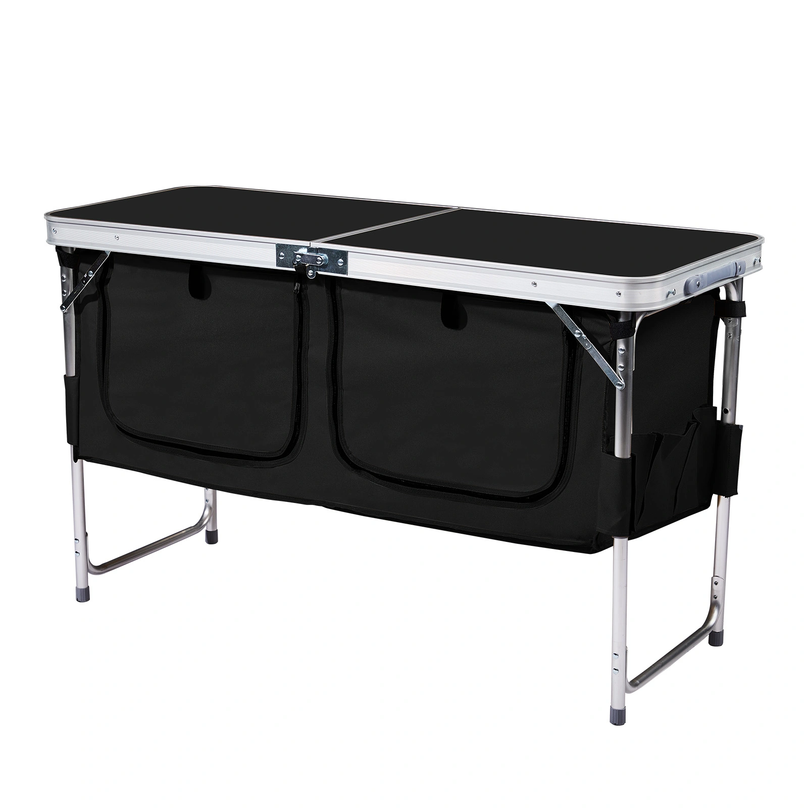 Outdoor Folding Camping Table with Storage Compartment, 4ft Portable Pinic Table with 3 Adjustable Height, Carry Handle for Outdoor Indoor Hiking Camp BBQ Beach, Black view 3