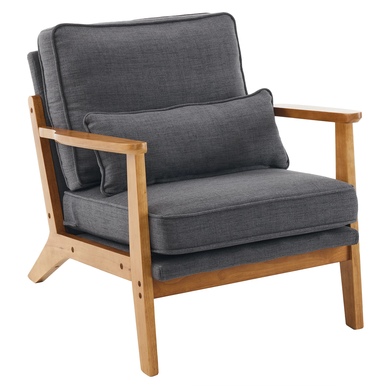 Mid-Century Oak Accent Chair, Linen-Cotton Dark Gray Upholstered Lounge Chair, Sturdy Wood Frame, 330 LBS Weight Capacity