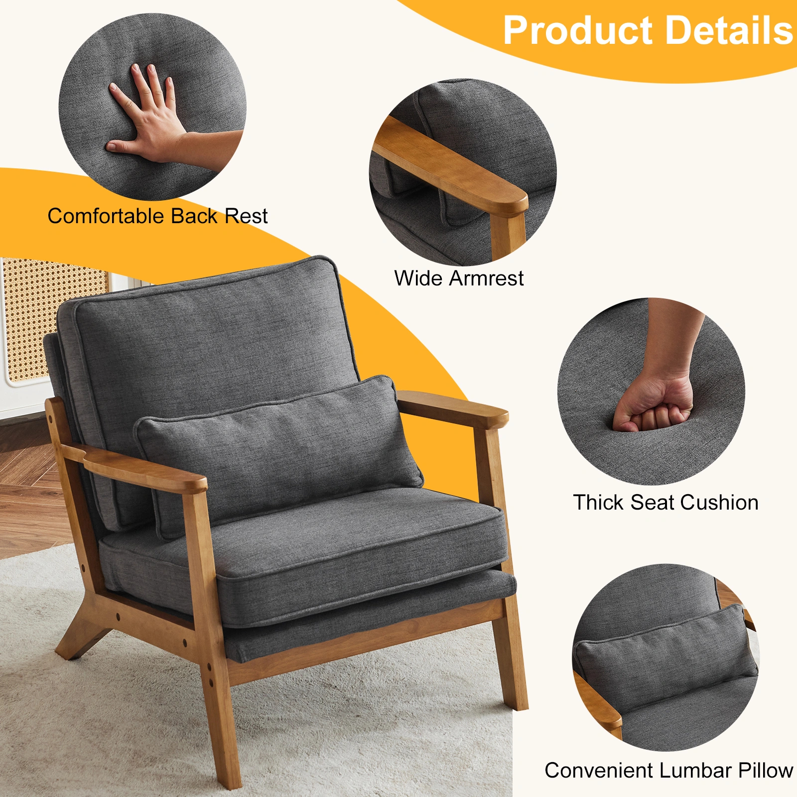 Mid-Century Oak Accent Chair, Linen-Cotton Dark Gray Upholstered Lounge Chair, Sturdy Wood Frame, 330 LBS Weight Capacity view 2