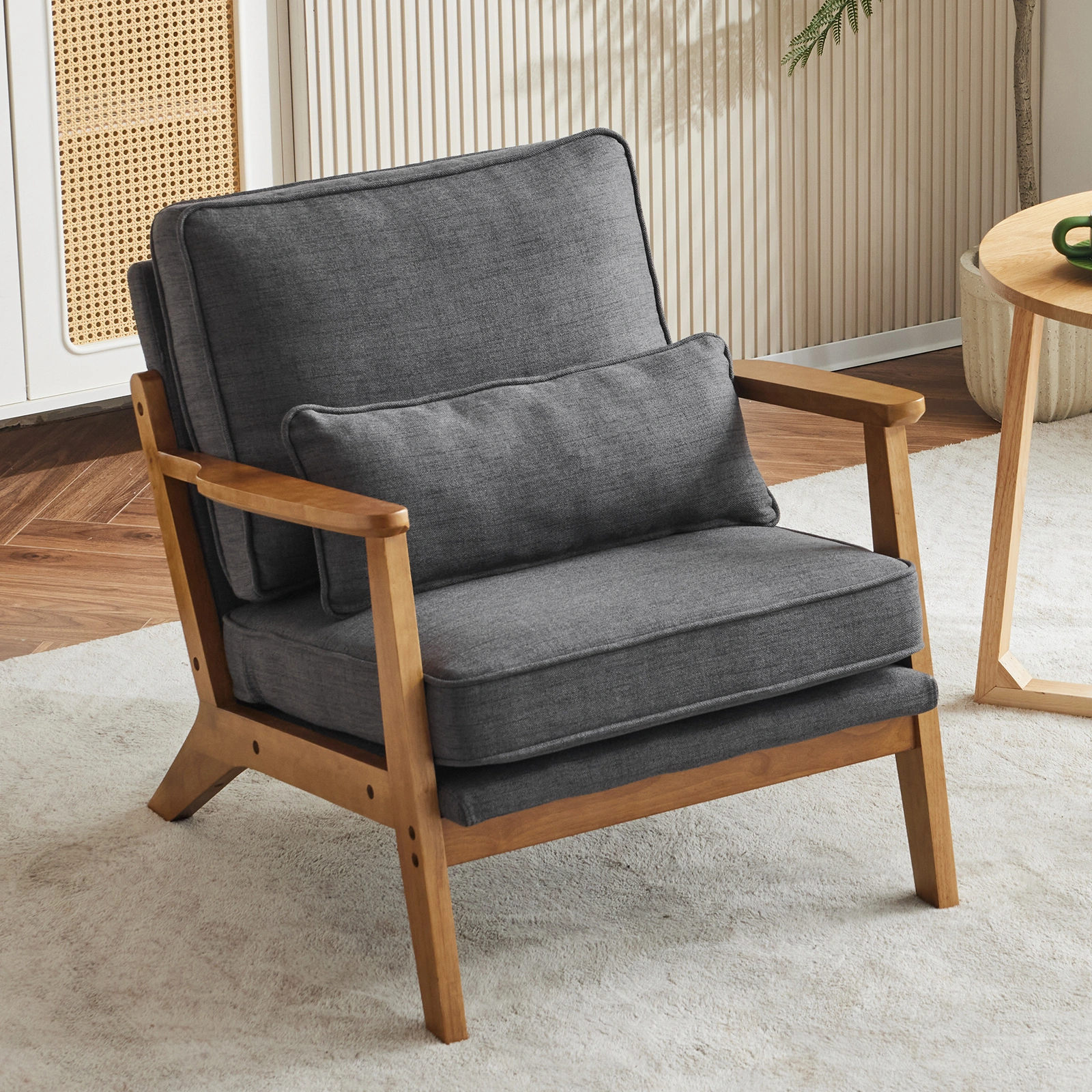 Mid-Century Oak Accent Chair, Linen-Cotton Dark Gray Upholstered Lounge Chair, Sturdy Wood Frame, 330 LBS Weight Capacity view 5