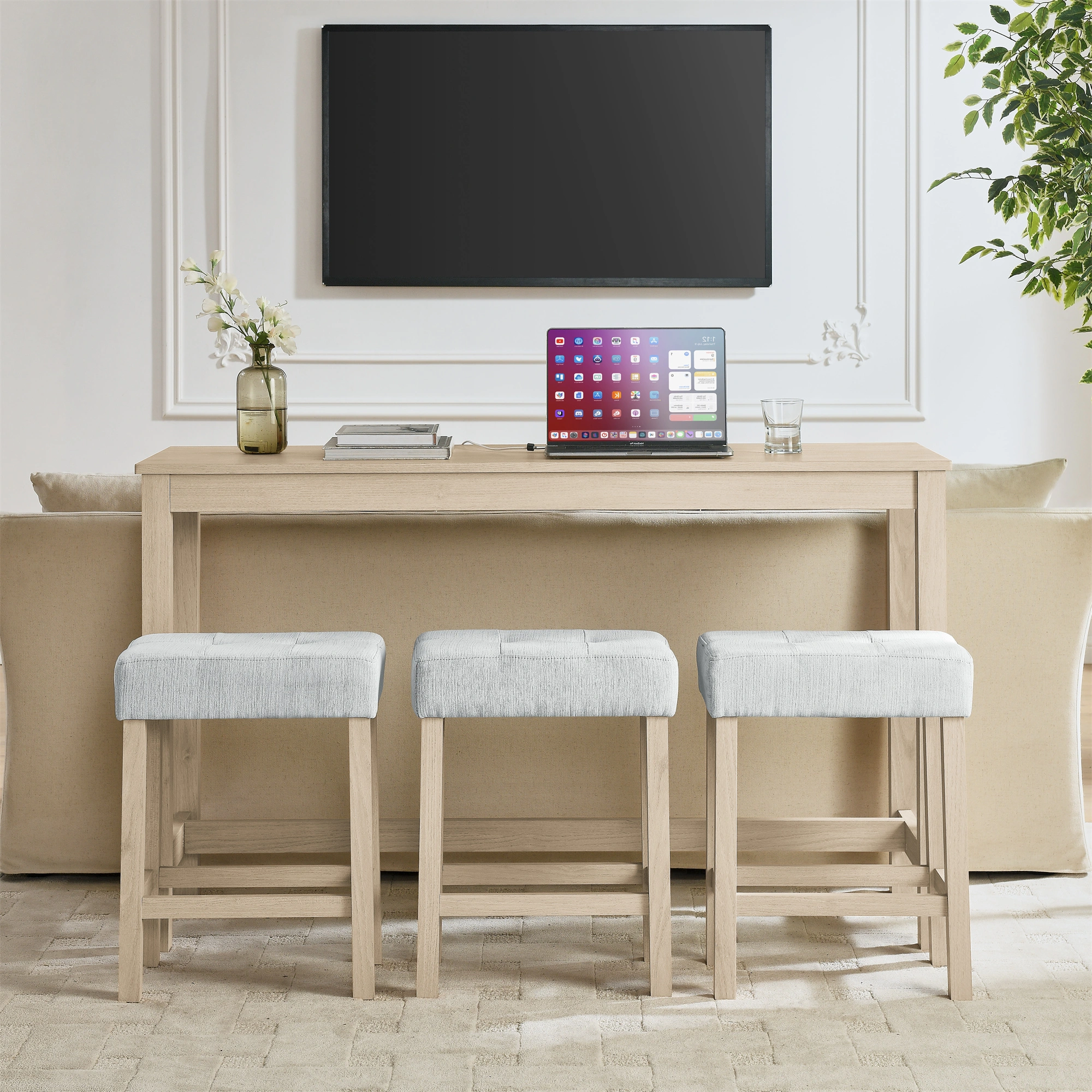 59 Inch Bar Table Set with Power Outlet & USB, 3 Upholstered Stools, High Top Dining Table for Living Room Kitchen with Storage Rack, 4 Piece Counter Height Table Set view 4