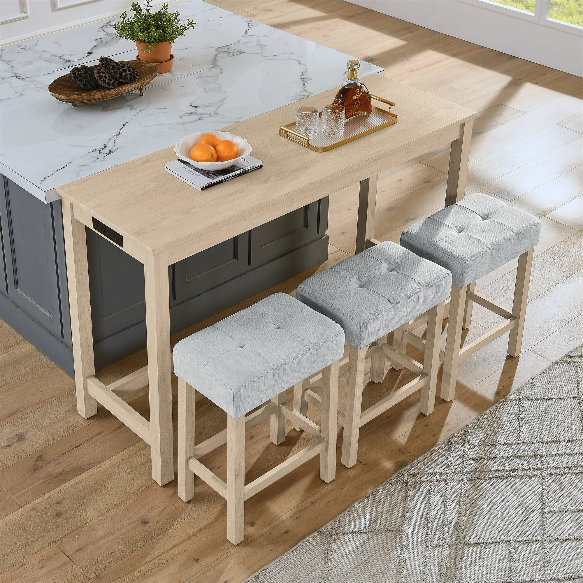 59 Inch Bar Table Set with Power Outlet & USB, 3 Upholstered Stools, High Top Dining Table for Living Room Kitchen with Storage Rack, 4 Piece Counter Height Table Set view 7