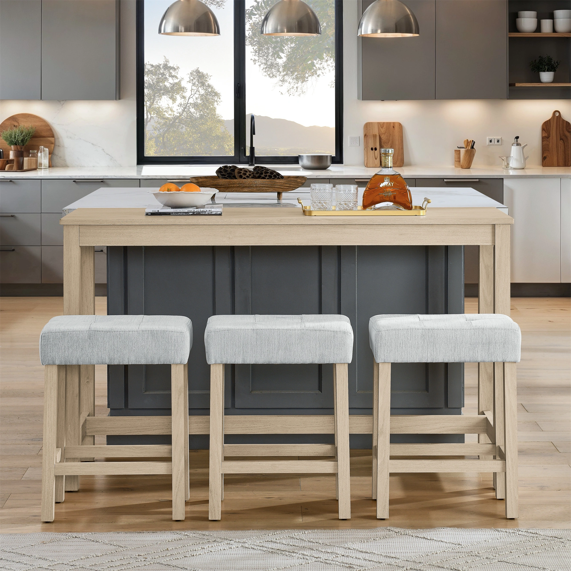 59 Inch Bar Table Set with Power Outlet & USB, 3 Upholstered Stools, High Top Dining Table for Living Room Kitchen with Storage Rack, 4 Piece Counter Height Table Set view 8