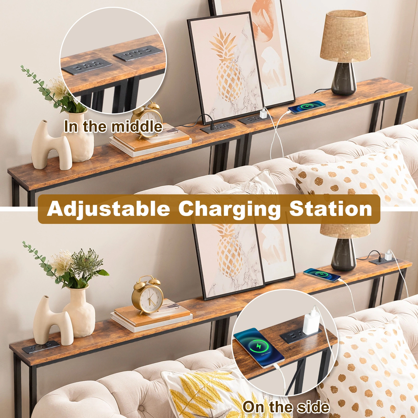 2 Pack 39.4" Narrow Console Sofa Table with Power Outlet USB Port Metal Frame Charge Station Rustic Brown view 11