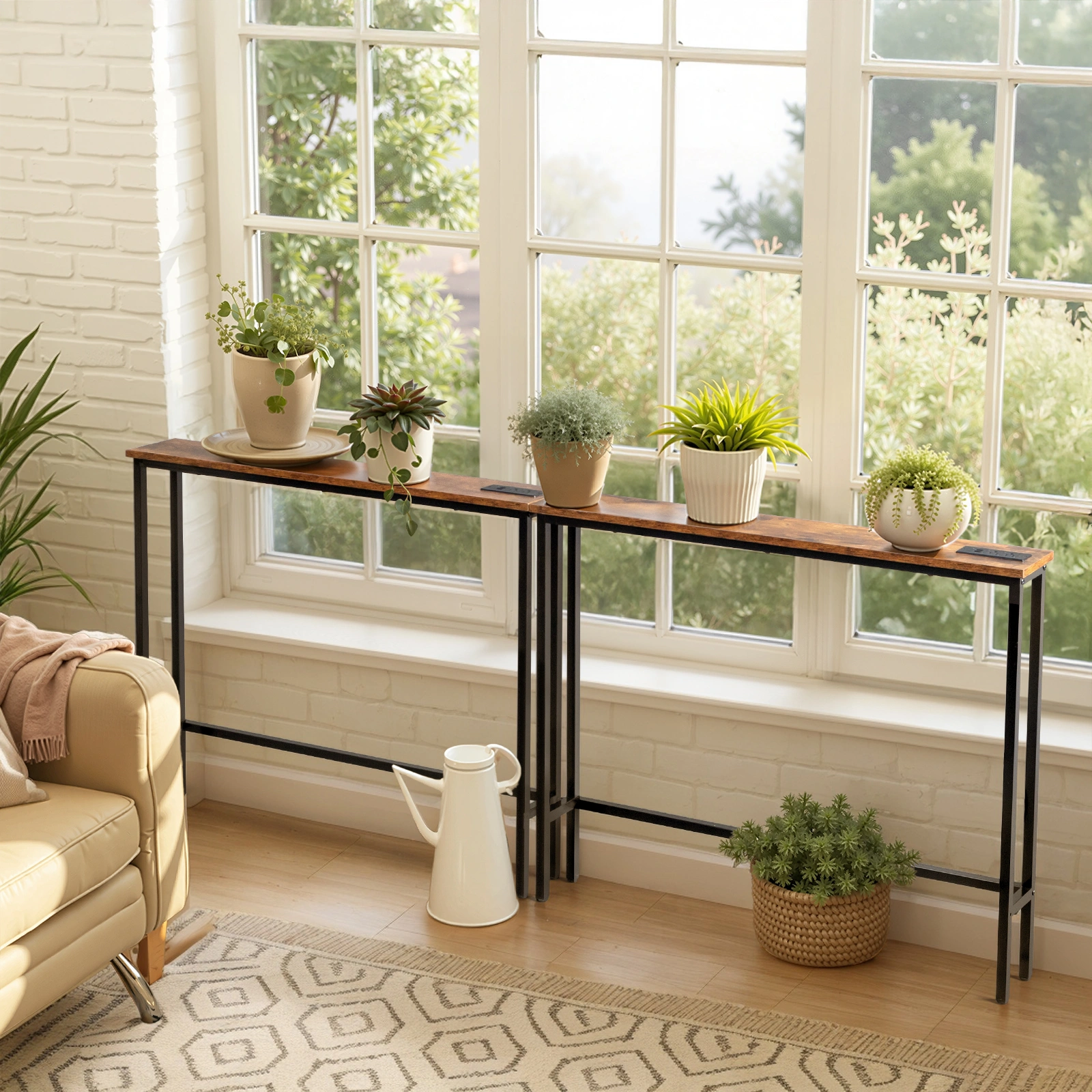 2 Pack 39.4" Narrow Console Sofa Table with Power Outlet USB Port Metal Frame Charge Station Rustic Brown view 13