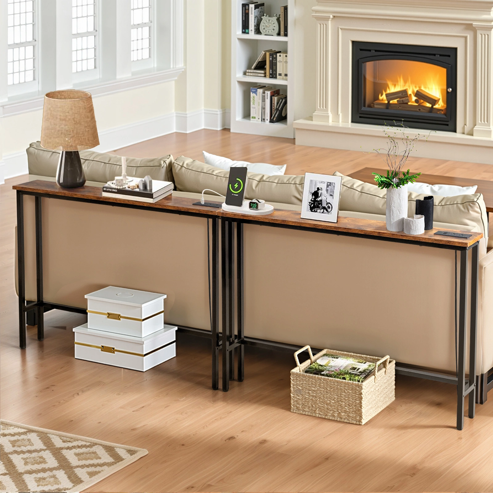 2 Pack 39.4" Narrow Console Sofa Table with Power Outlet USB Port Metal Frame Charge Station Rustic Brown view 6