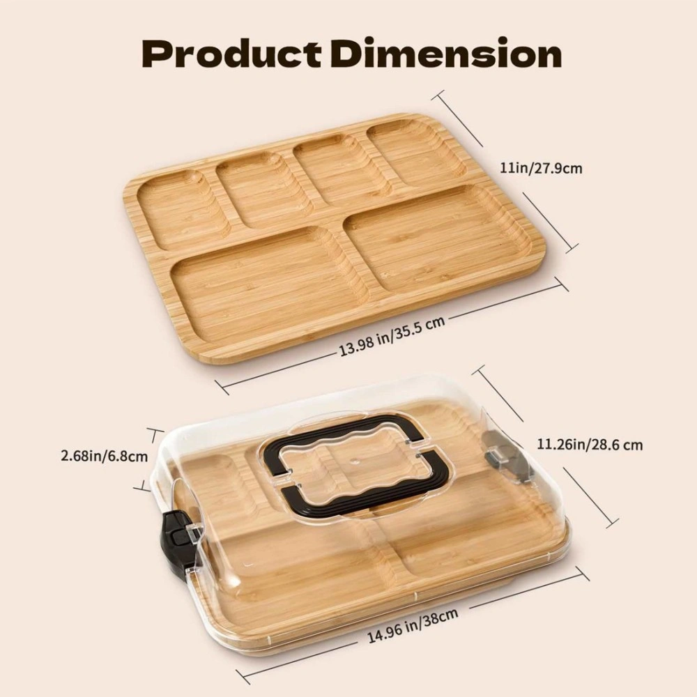 Bamboo Cheese Tray with Acrylic Clear Lid - Wooden Serving Board for Cheese, Fruit & Desserts
