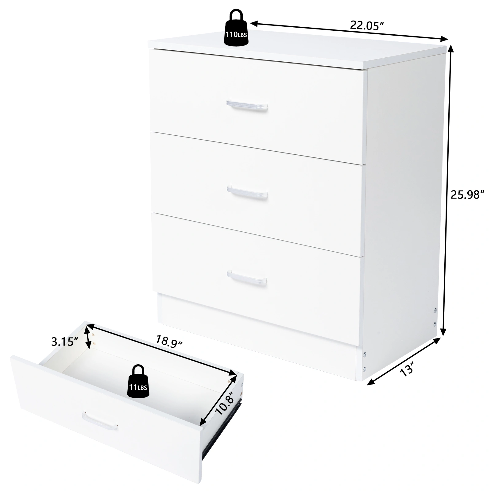3-Drawer Tall Cabinet Particleboard Bedside Table with Textured Melamine Finish White view 14