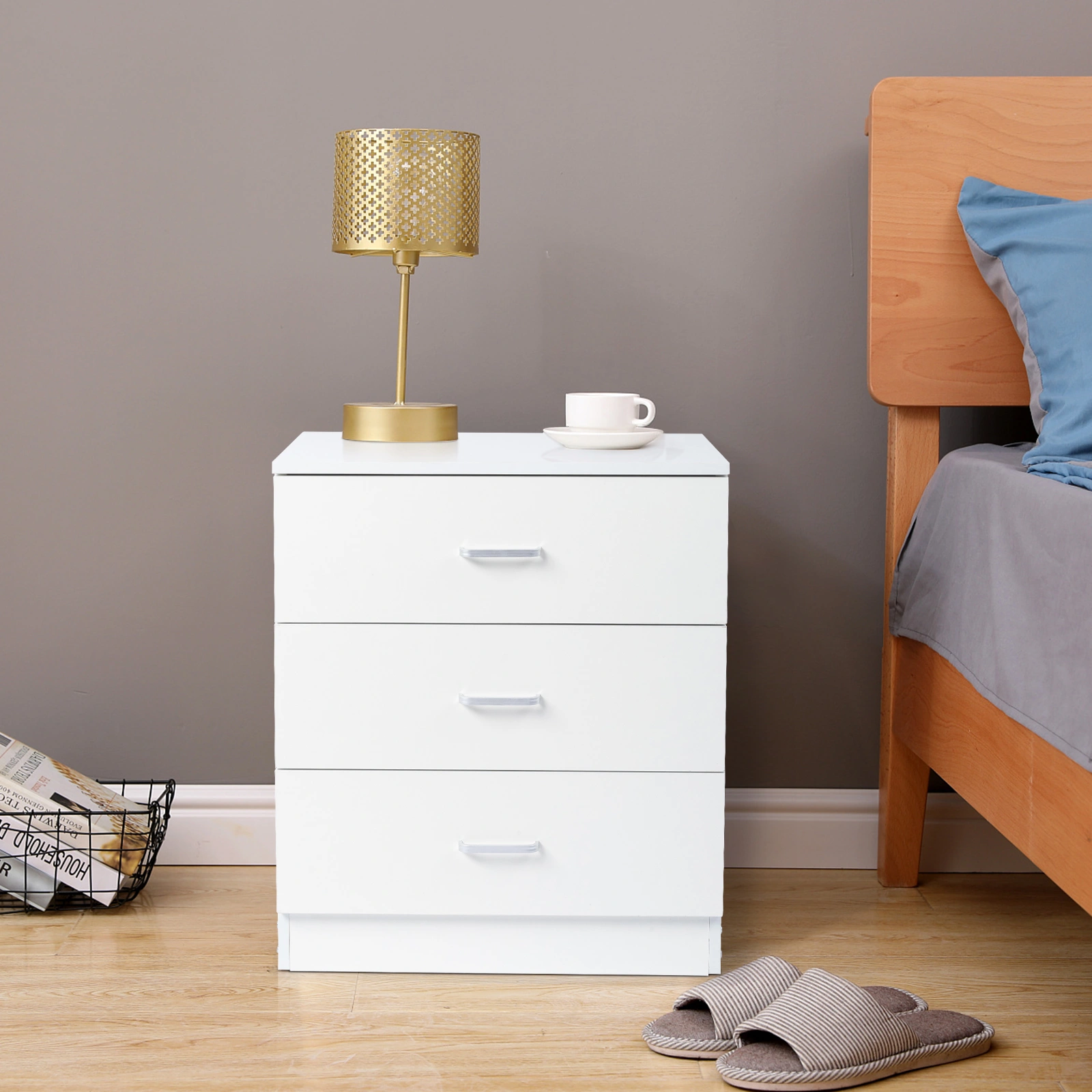 3-Drawer Tall Cabinet Particleboard Bedside Table with Textured Melamine Finish White view 19