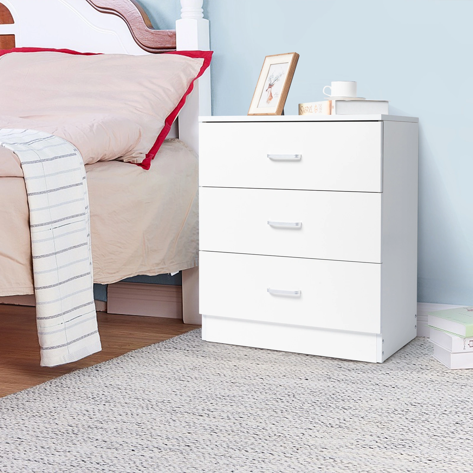 3-Drawer Tall Cabinet Particleboard Bedside Table with Textured Melamine Finish White view 20