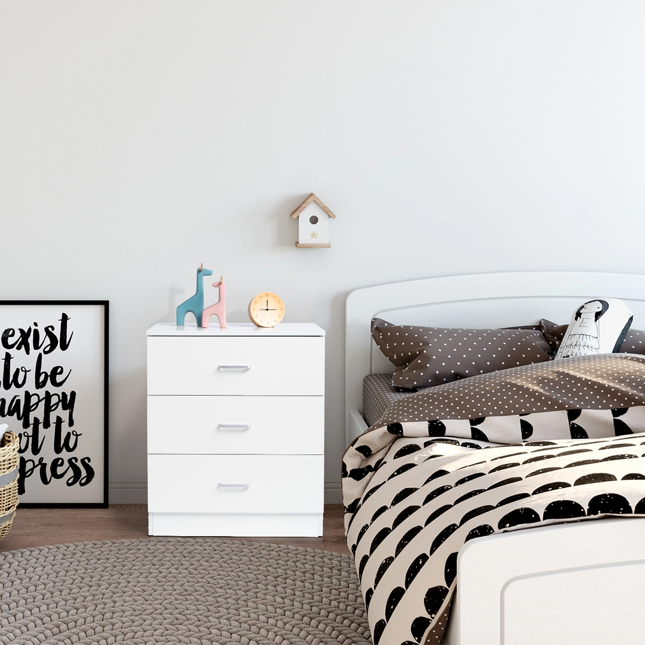3-Drawer Tall Cabinet Particleboard Bedside Table with Textured Melamine Finish White view 21