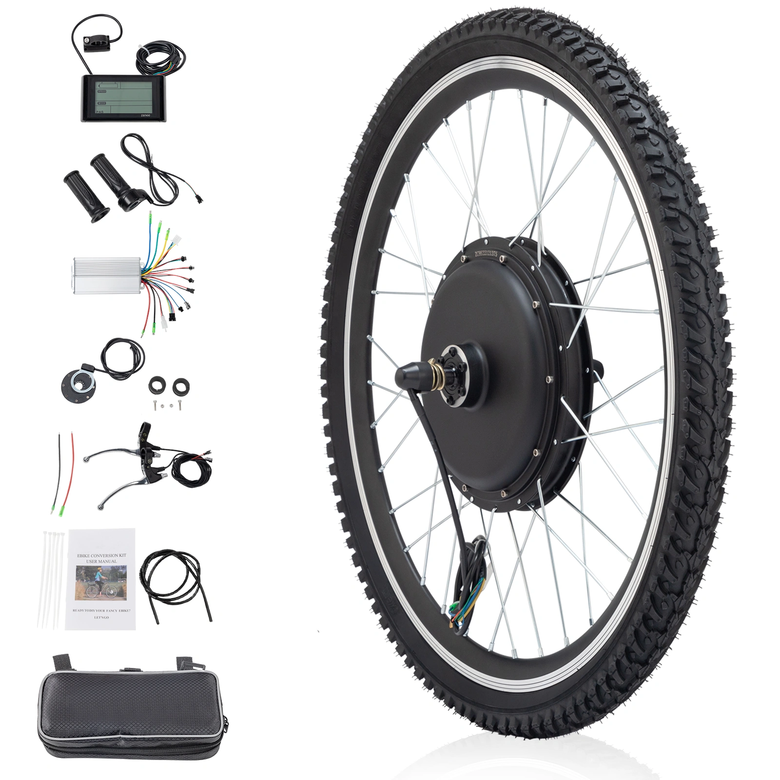 26 Inch 500W Electric Bicycle Conversion Kit, Rear Wheel Drive Motor with Tires, Black E-Bike Modification Parts