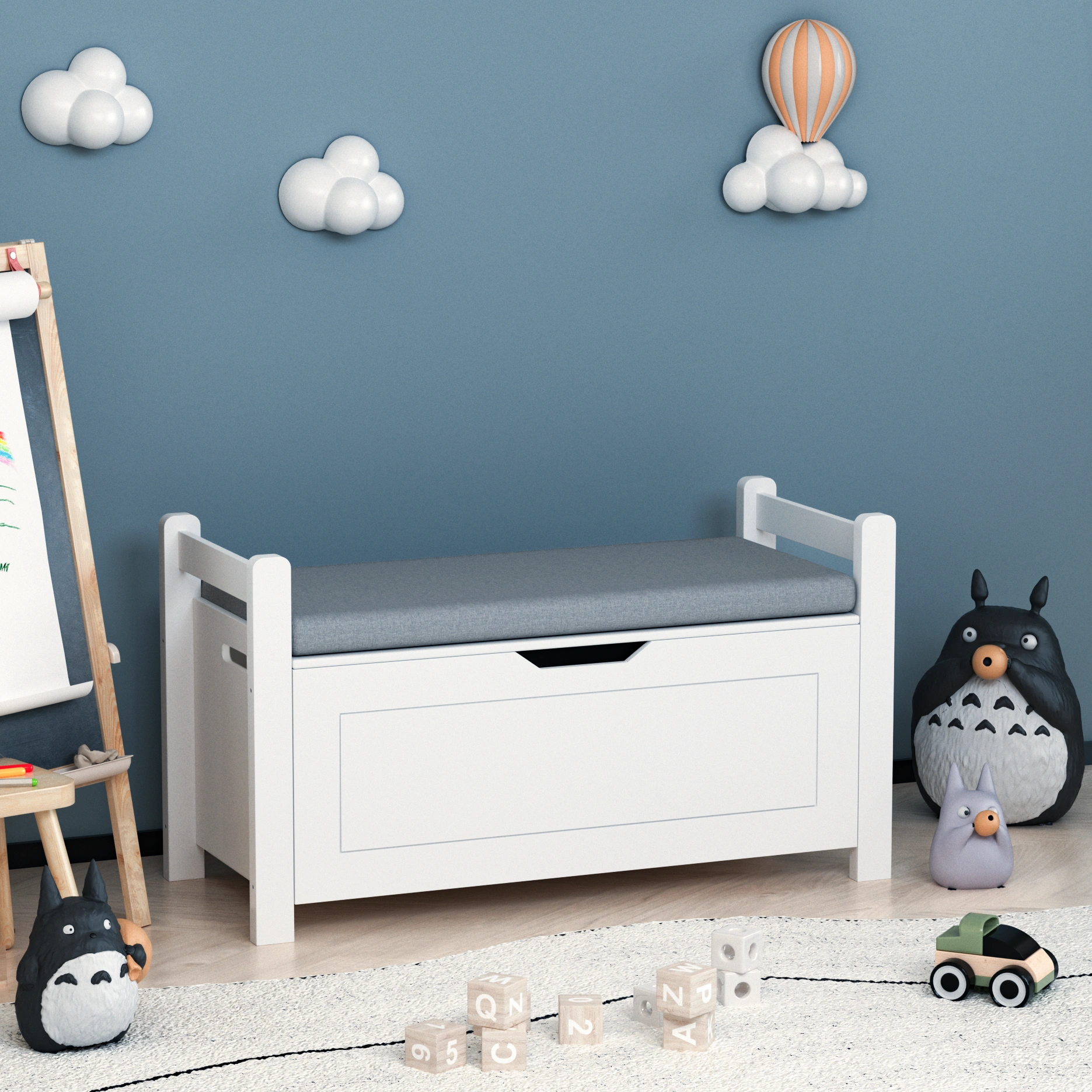 White Kids Toy Box Bench with Cushion Seat, Large Storage Chest with Flip-Top Lid & Safety Hinge, Toy Organizer Trunk for Nursery, Playroom view 15