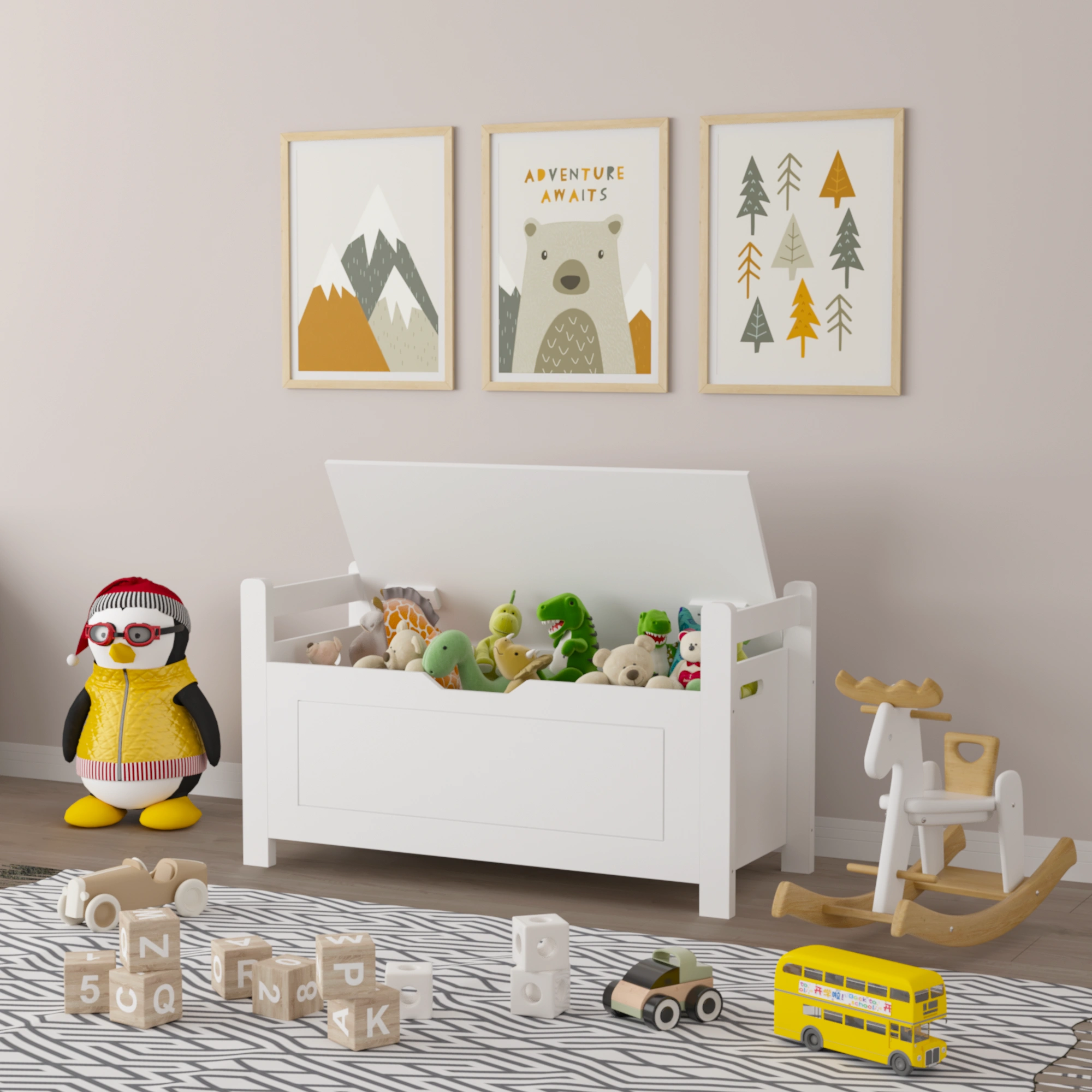 White Kids Toy Box Bench with Cushion Seat, Large Storage Chest with Flip-Top Lid & Safety Hinge, Toy Organizer Trunk for Nursery, Playroom view 20