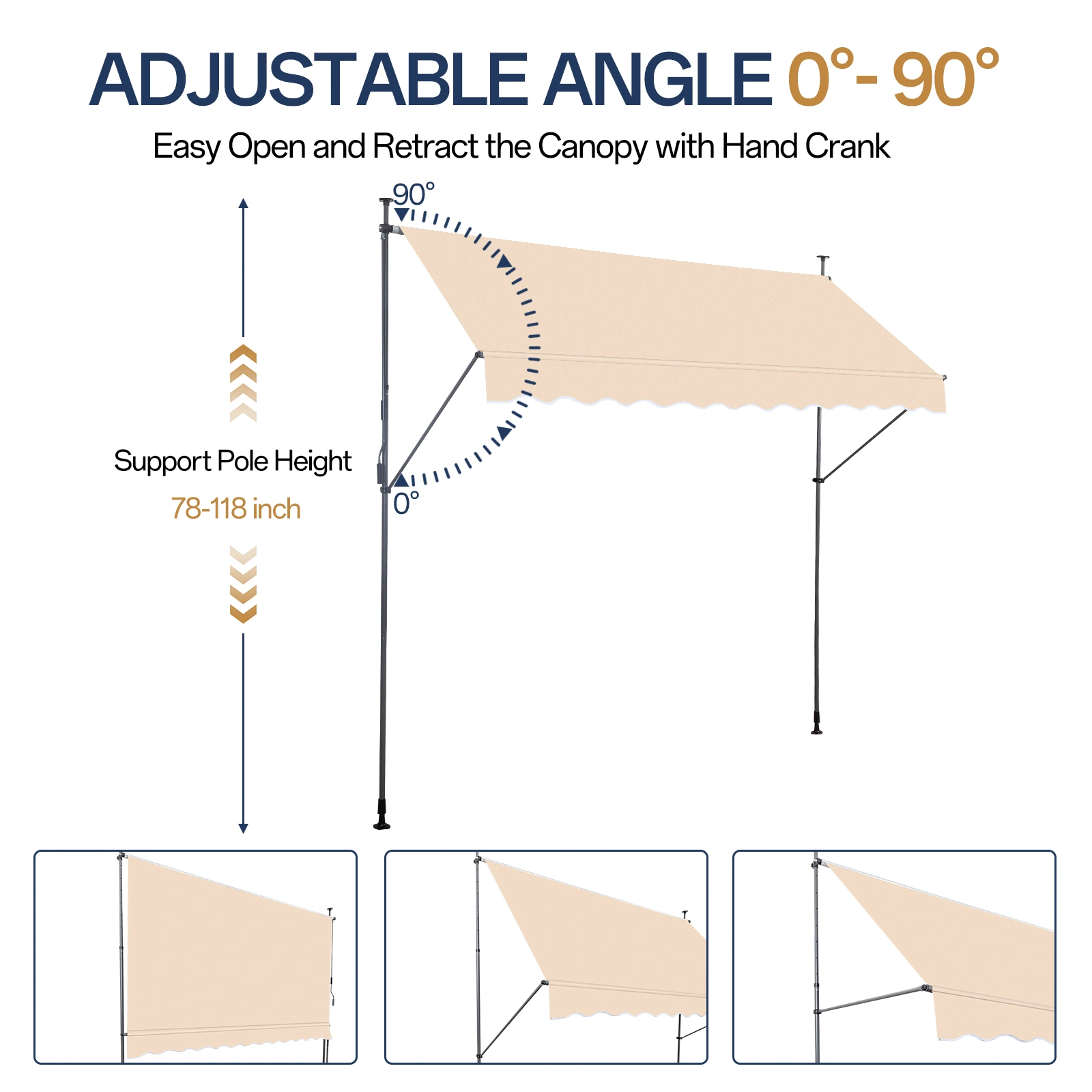 118.1"D x 47.2"W x(78.7 -118.1)"H Retractable Awning Khaki view 10