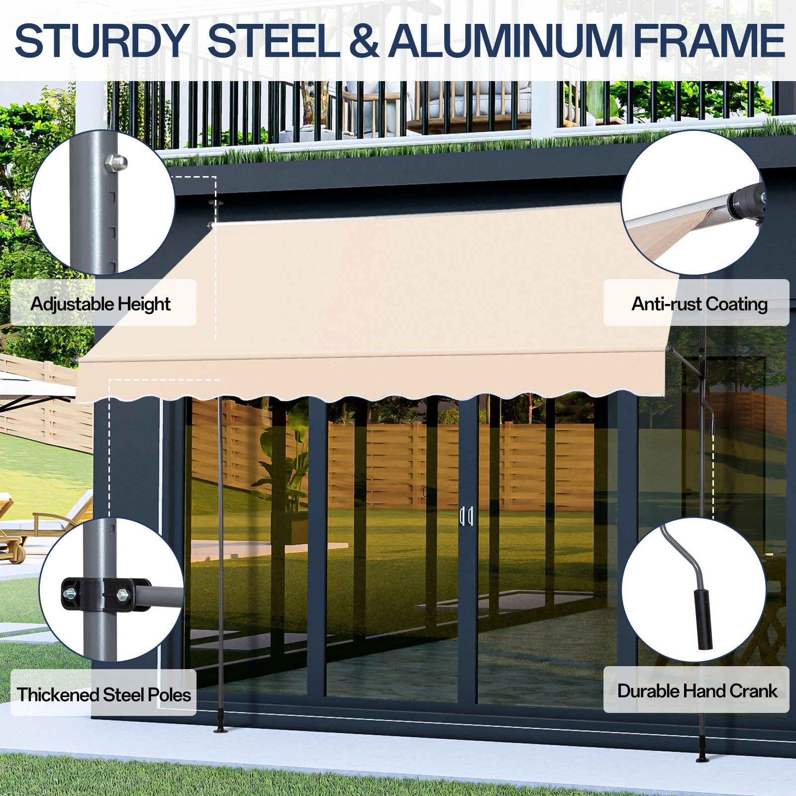 118.1"D x 47.2"W x(78.7 -118.1)"H Retractable Awning Khaki view 11