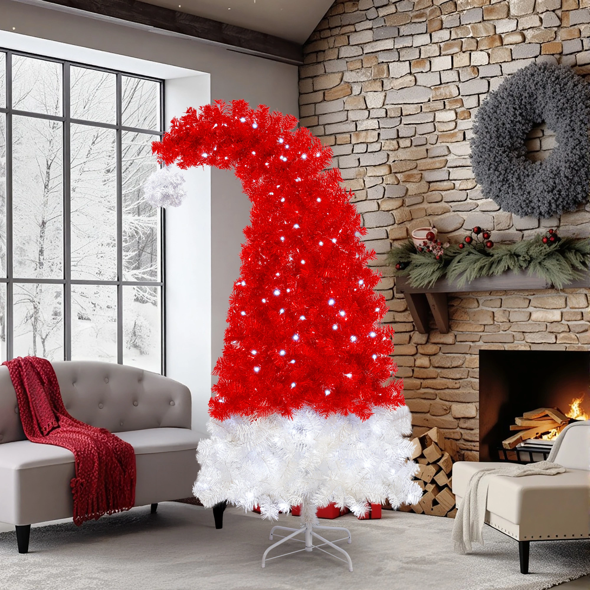 6FT Santa Hat Artificial Christmas Tree with LED Lights, 1050 Curved Tips, Whimsical Xmas Tree view 10