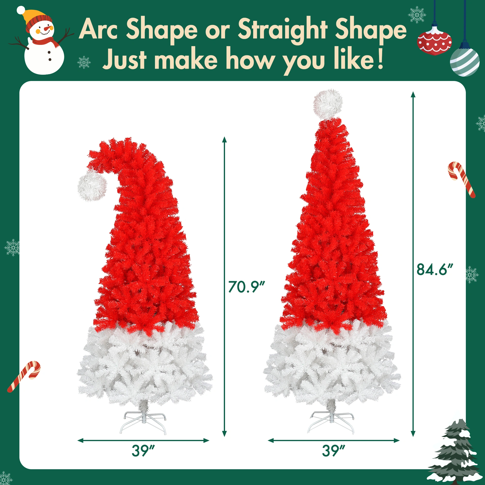 6FT Santa Hat Artificial Christmas Tree with LED Lights, 1050 Curved Tips, Whimsical Xmas Tree view 4