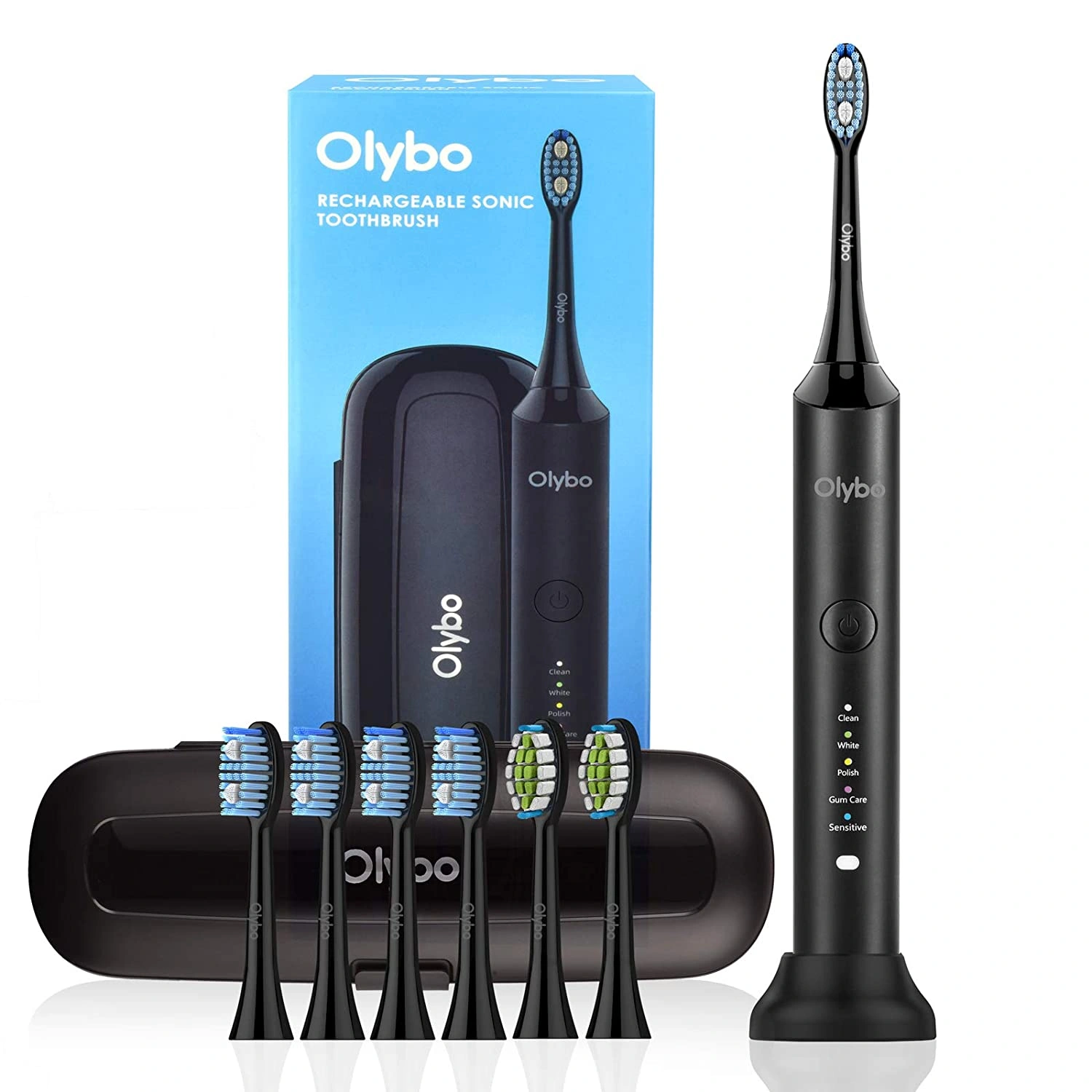 Olybo Sonic Electric Toothbrush, 5 Cleaning Modes, 6 Replacement Brush Heads, Rechargeable IPX7 Waterproof, Includes Travel Case, Black