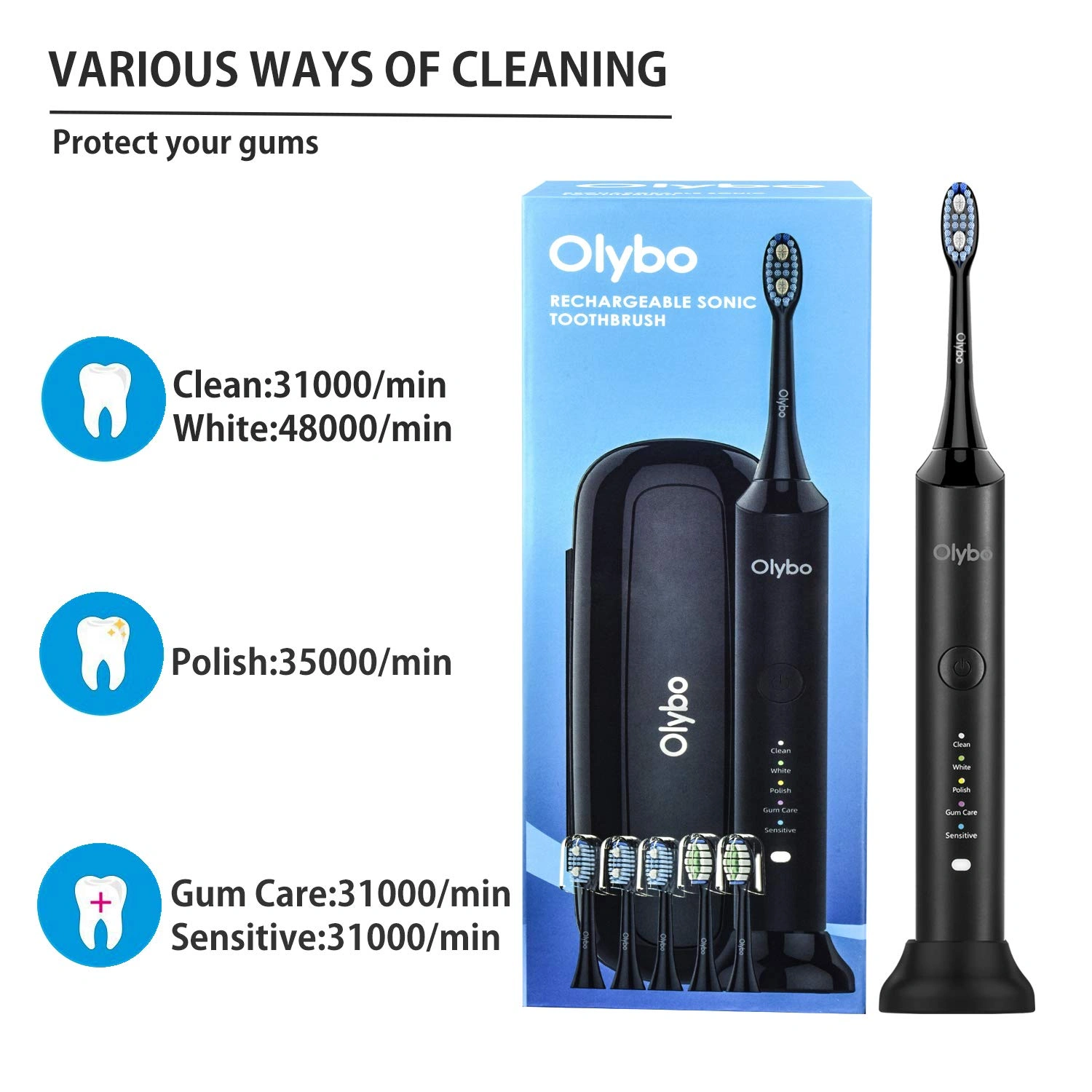 Olybo Sonic Electric Toothbrush, 5 Cleaning Modes, 6 Replacement Brush Heads, Rechargeable IPX7 Waterproof, Includes Travel Case, Black view 2