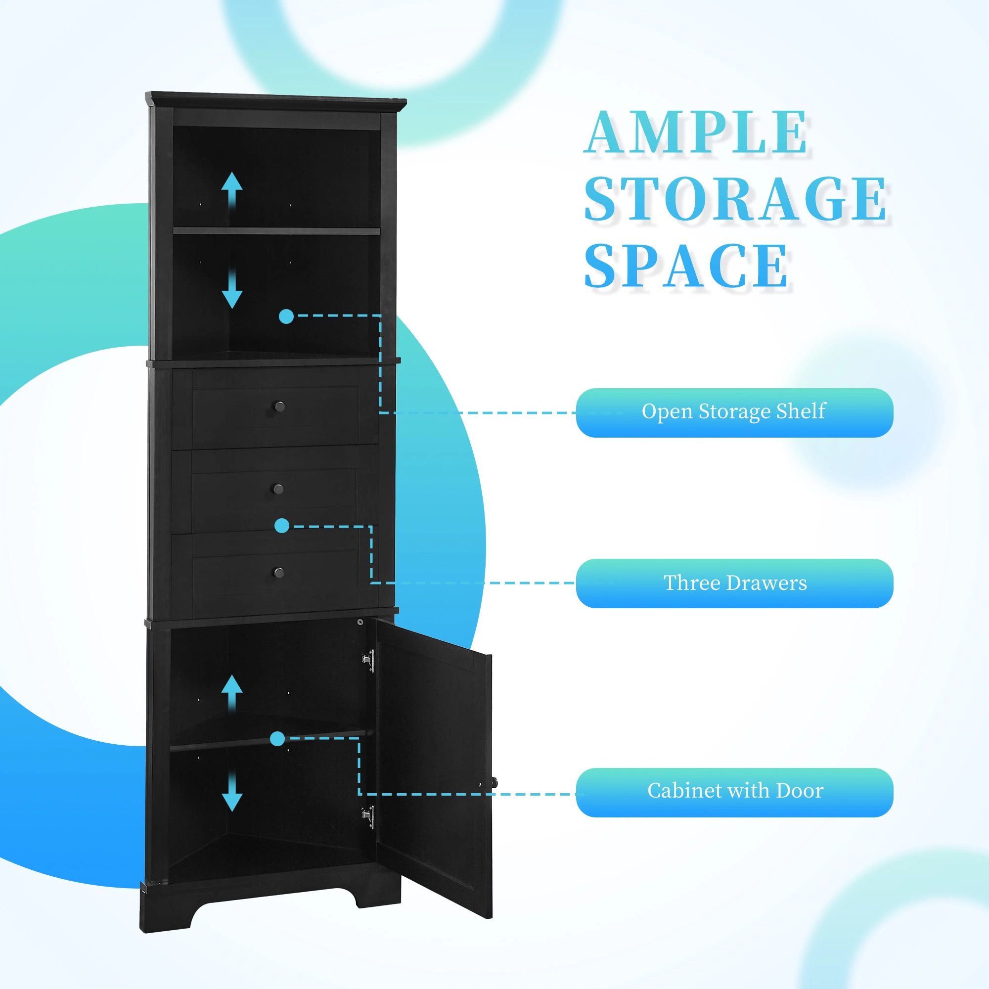 Black Triangle Storage Cabinet Tall 3 Drawer with Adjustable Shelves, MDF Bathroom Kitchen Living Room, WF306469AAG view 11
