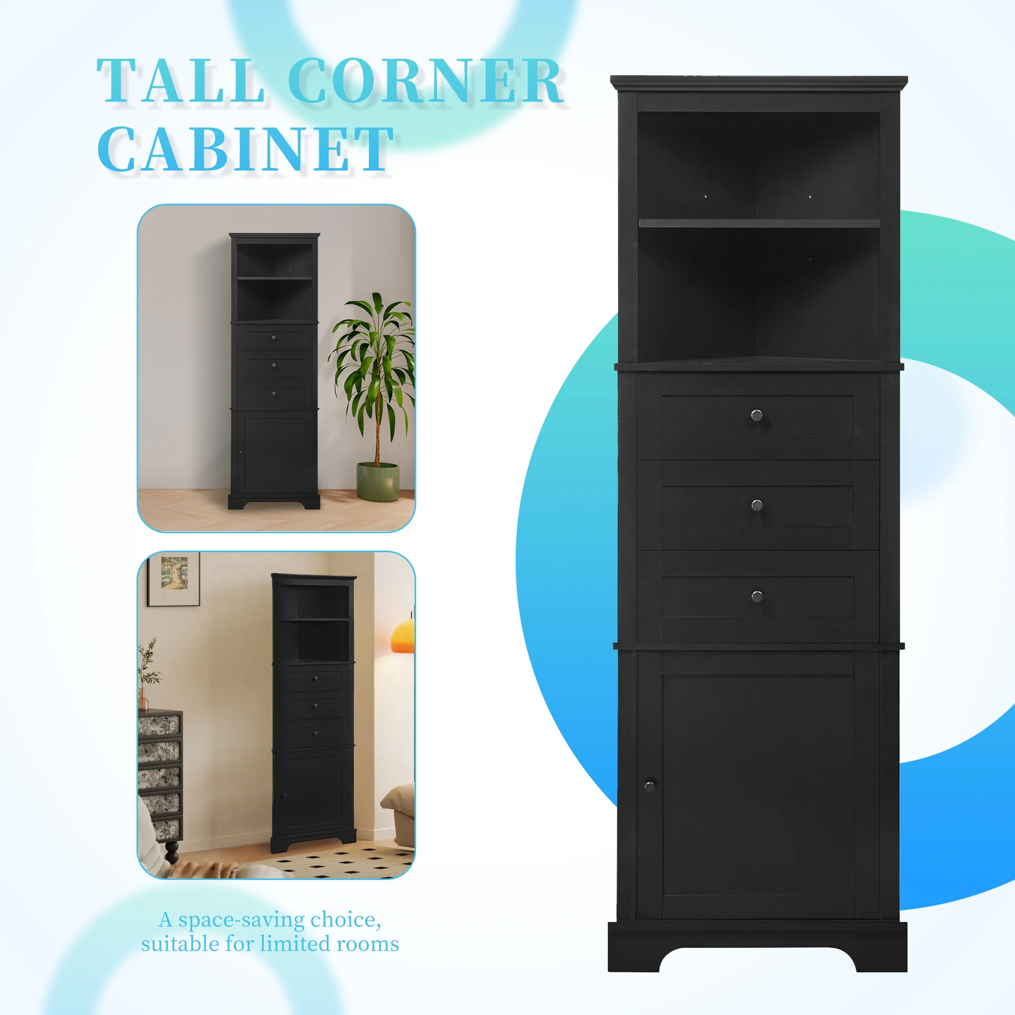 Black Triangle Storage Cabinet Tall 3 Drawer with Adjustable Shelves, MDF Bathroom Kitchen Living Room, WF306469AAG view 20