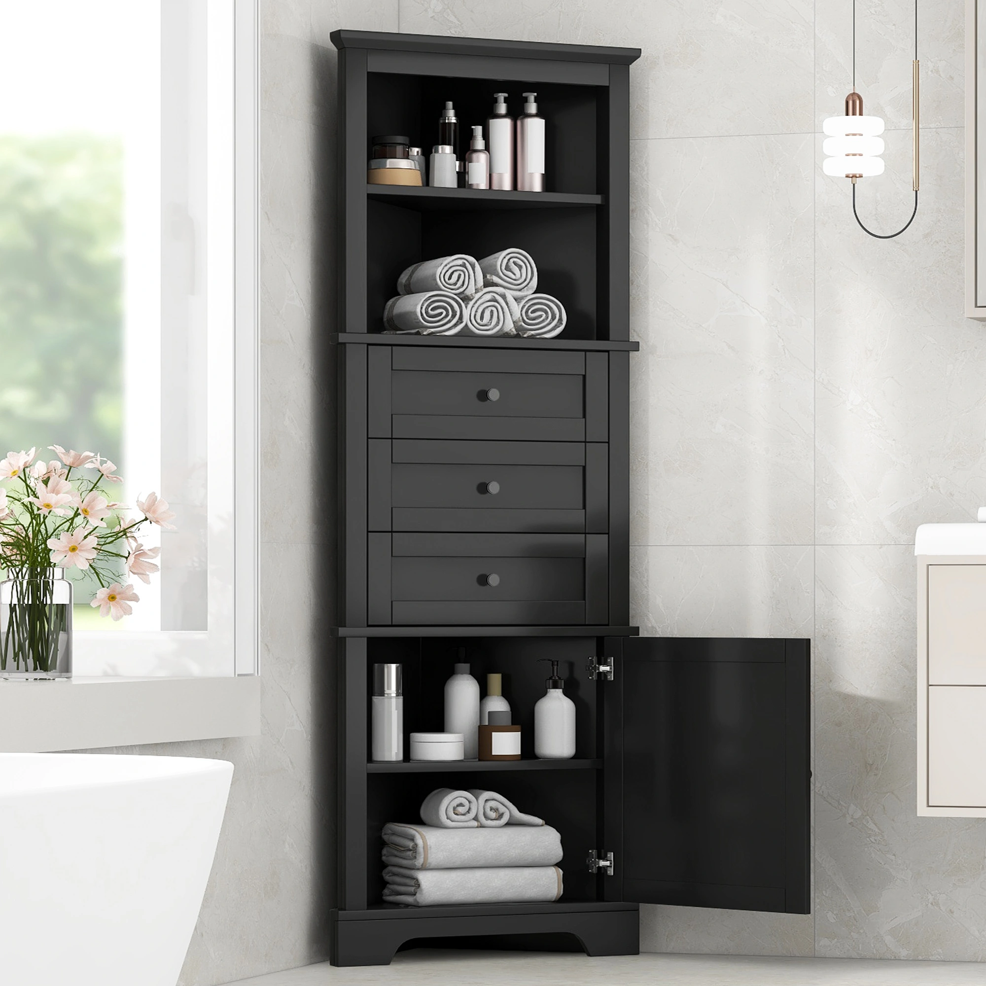 Black Triangle Storage Cabinet Tall 3 Drawer with Adjustable Shelves, MDF Bathroom Kitchen Living Room, WF306469AAG view 21