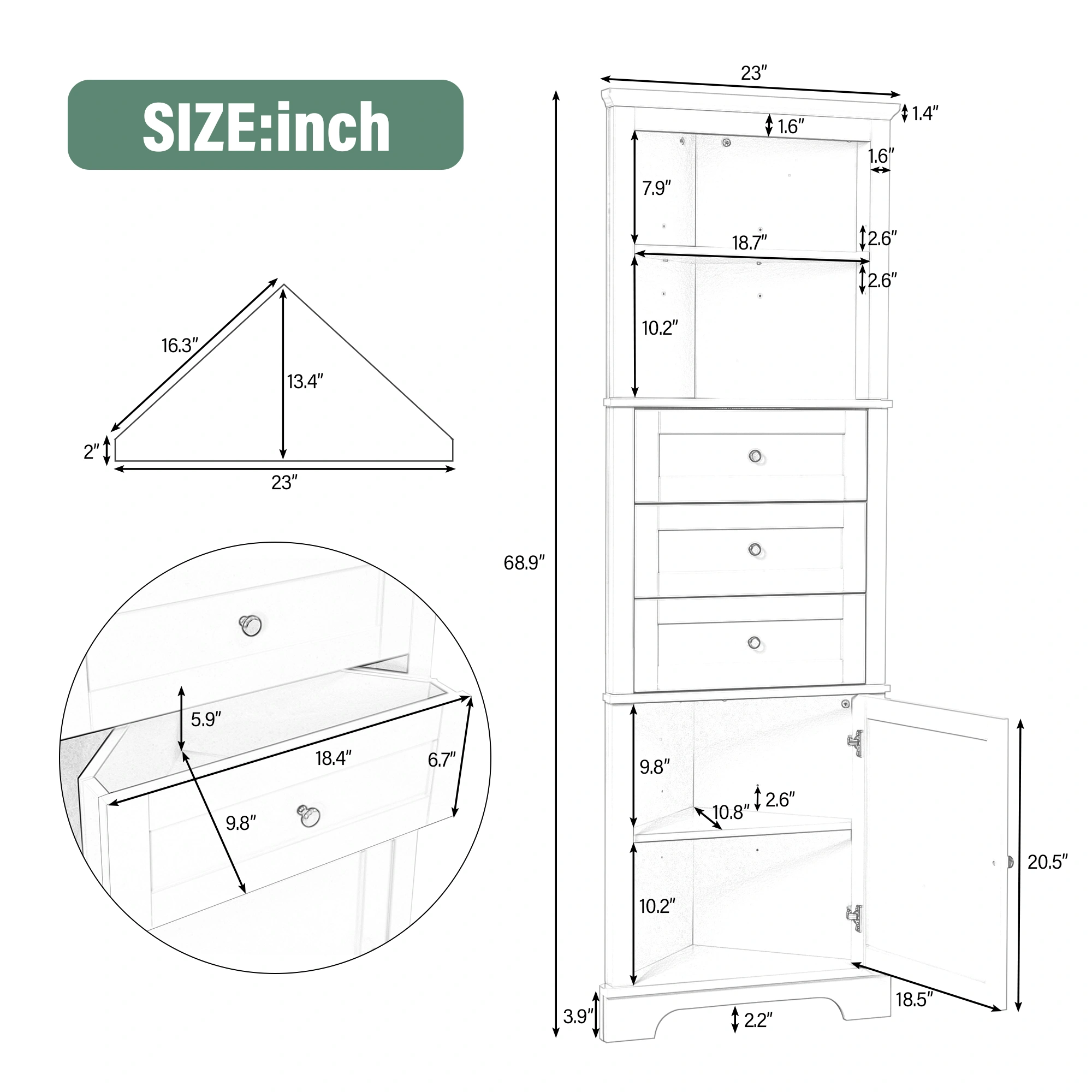 Black Triangle Storage Cabinet Tall 3 Drawer with Adjustable Shelves, MDF Bathroom Kitchen Living Room, WF306469AAG view 6