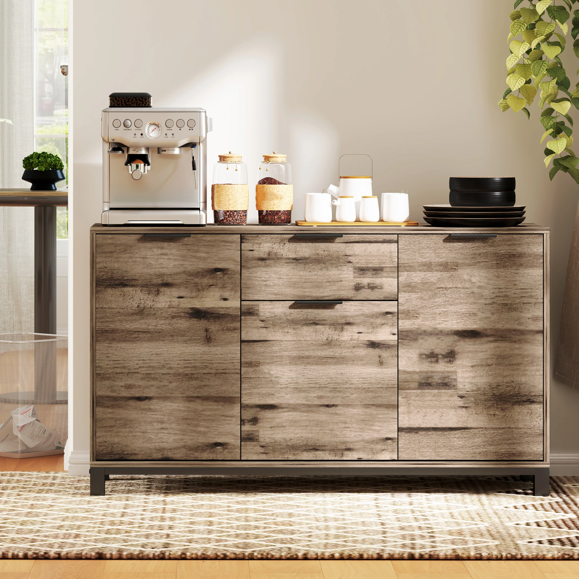 Modular Kitchen Storage Cabinet - Multi-Tier Shelving Unit with Spacious Compartments - Ideal for Pantry, Dining Room, or Entryway Organization